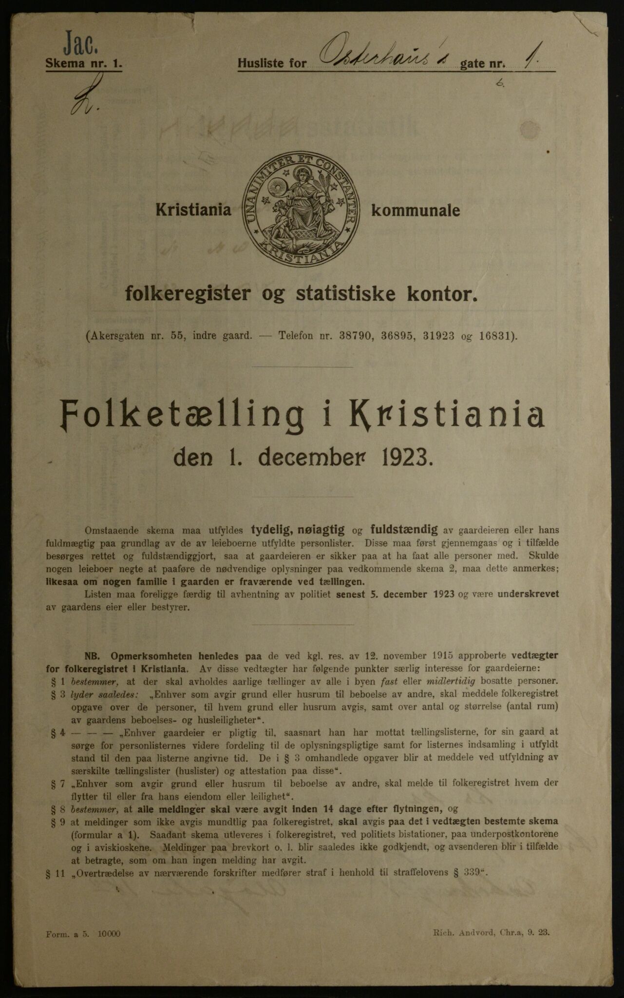 OBA, Municipal Census 1923 for Kristiania, 1923, p. 85405