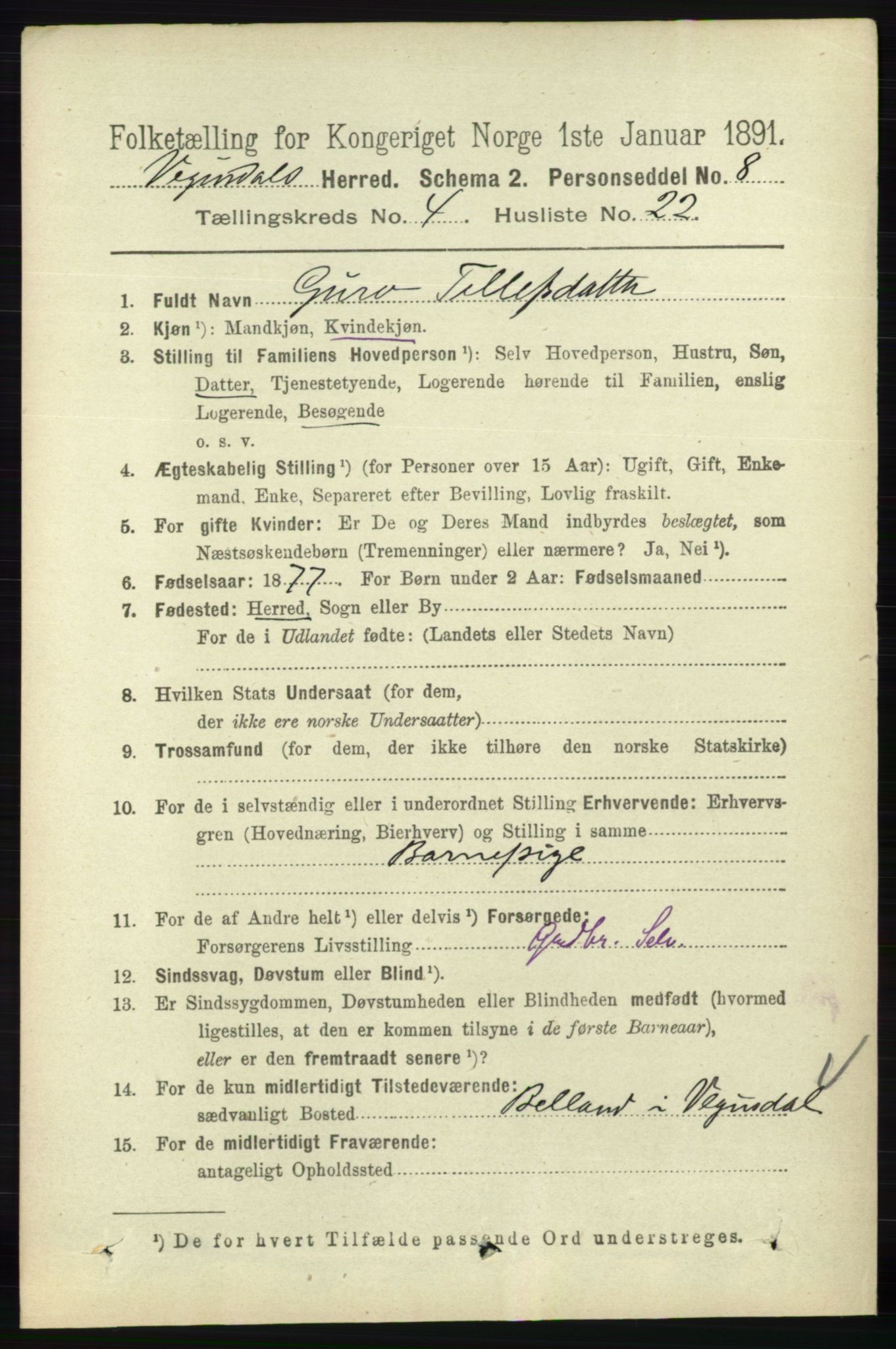 RA, 1891 census for 0934 Vegusdal, 1891, p. 845