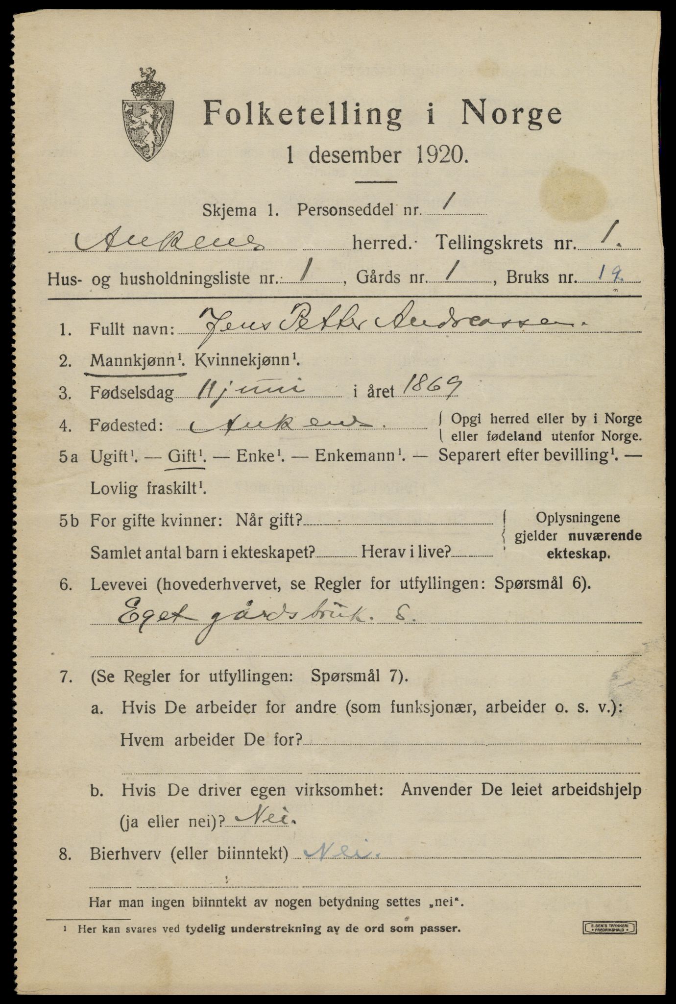 SAT, 1920 census for Ankenes, 1920, p. 1209