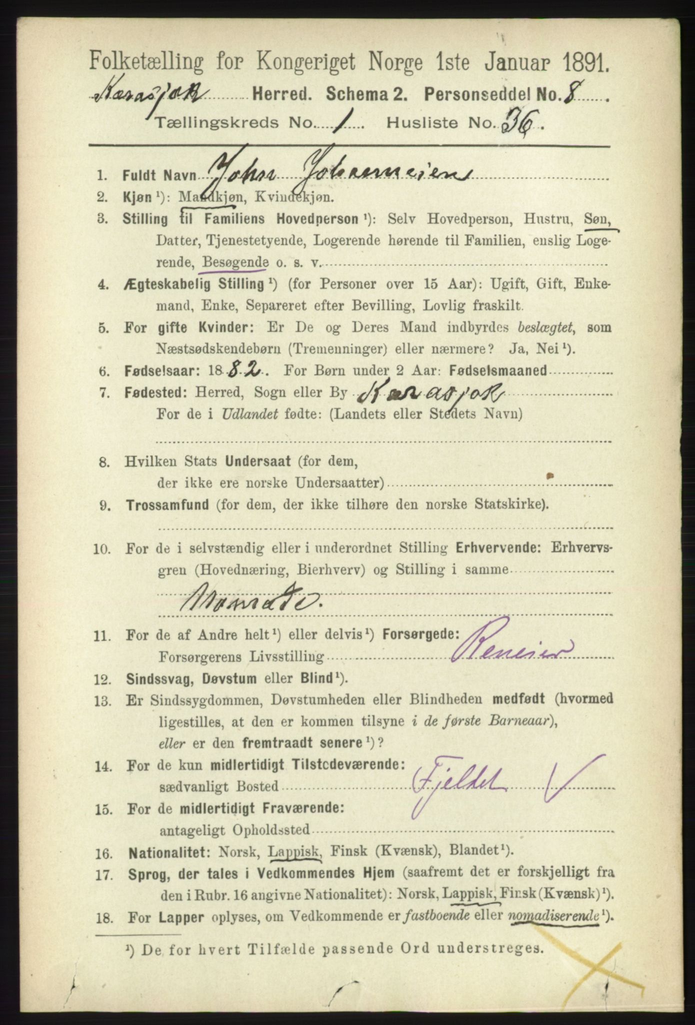 RA, 1891 census for 2021 Karasjok, 1891, p. 413