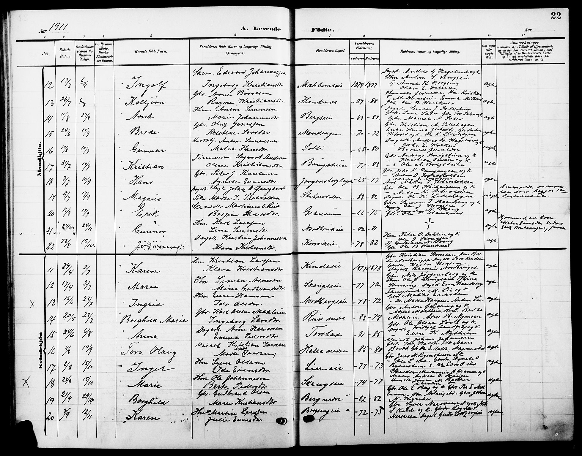 Ringsaker prestekontor, SAH/PREST-014/L/La/L0016: Parish register (copy) no. 16, 1905-1920, p. 22