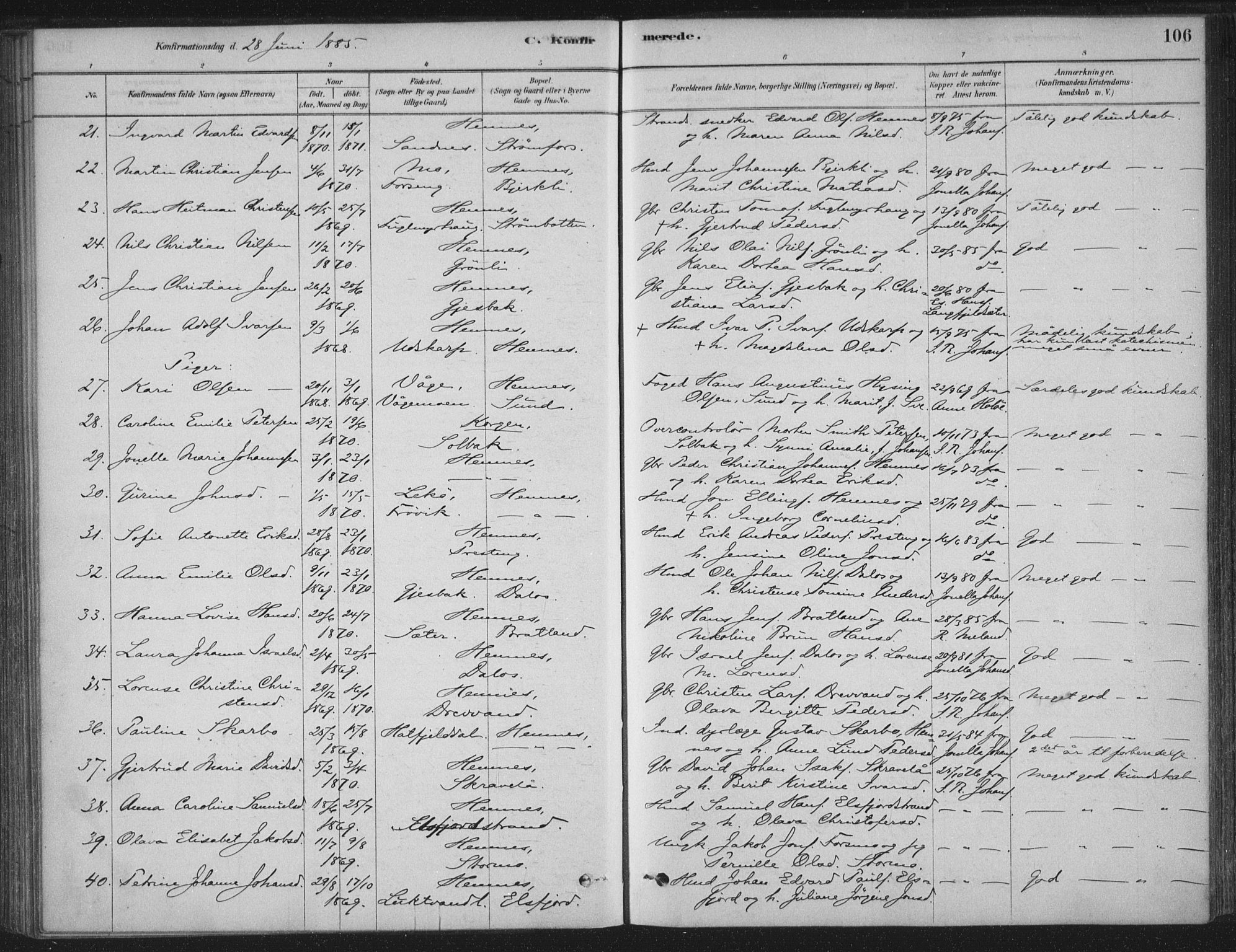 Ministerialprotokoller, klokkerbøker og fødselsregistre - Nordland, AV/SAT-A-1459/825/L0361: Parish register (official) no. 825A15, 1878-1893, p. 106