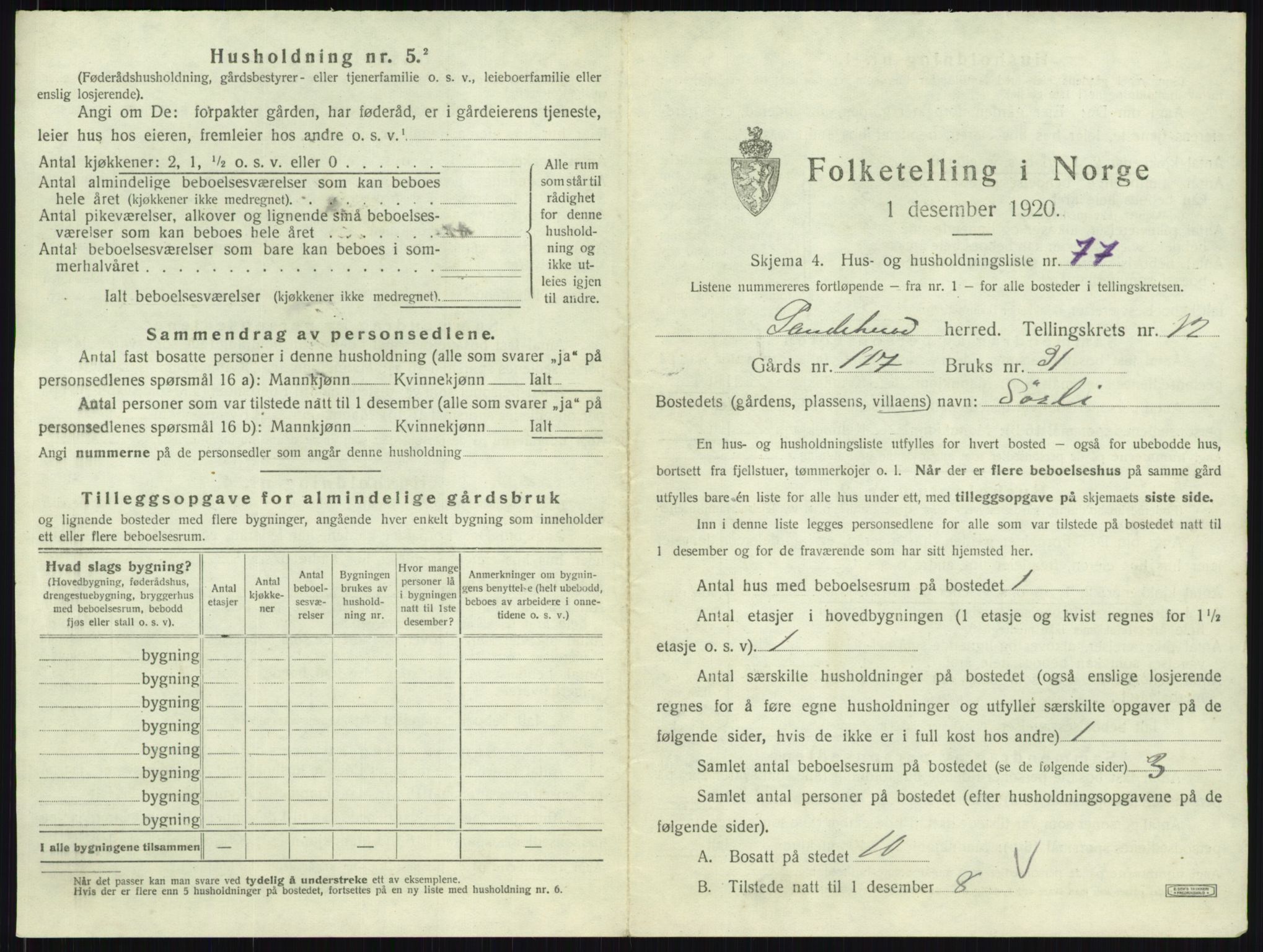 SAKO, 1920 census for Sandeherred, 1920, p. 2726