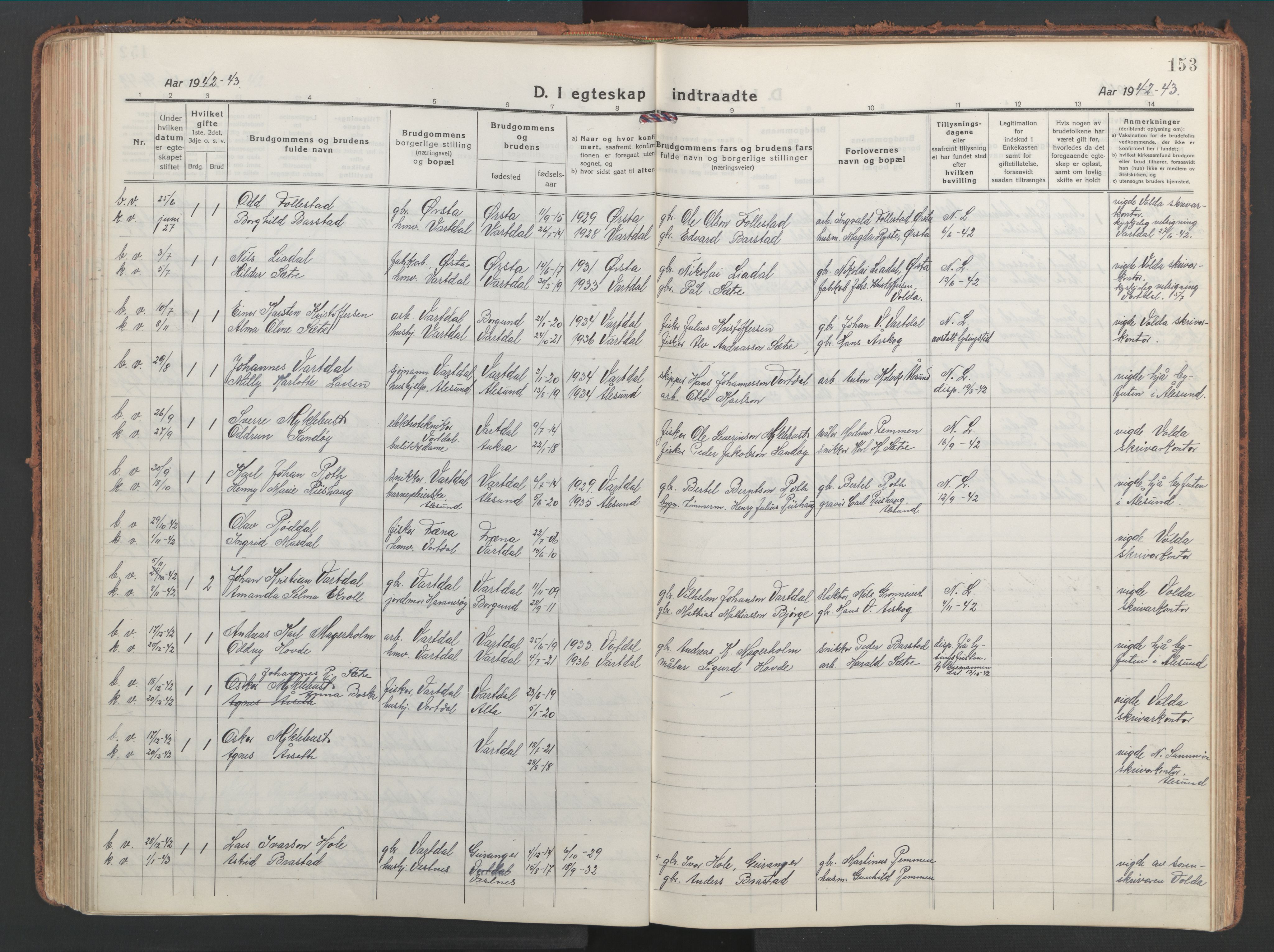 Ministerialprotokoller, klokkerbøker og fødselsregistre - Møre og Romsdal, AV/SAT-A-1454/514/L0202: Parish register (copy) no. 514C02, 1916-1944, p. 153