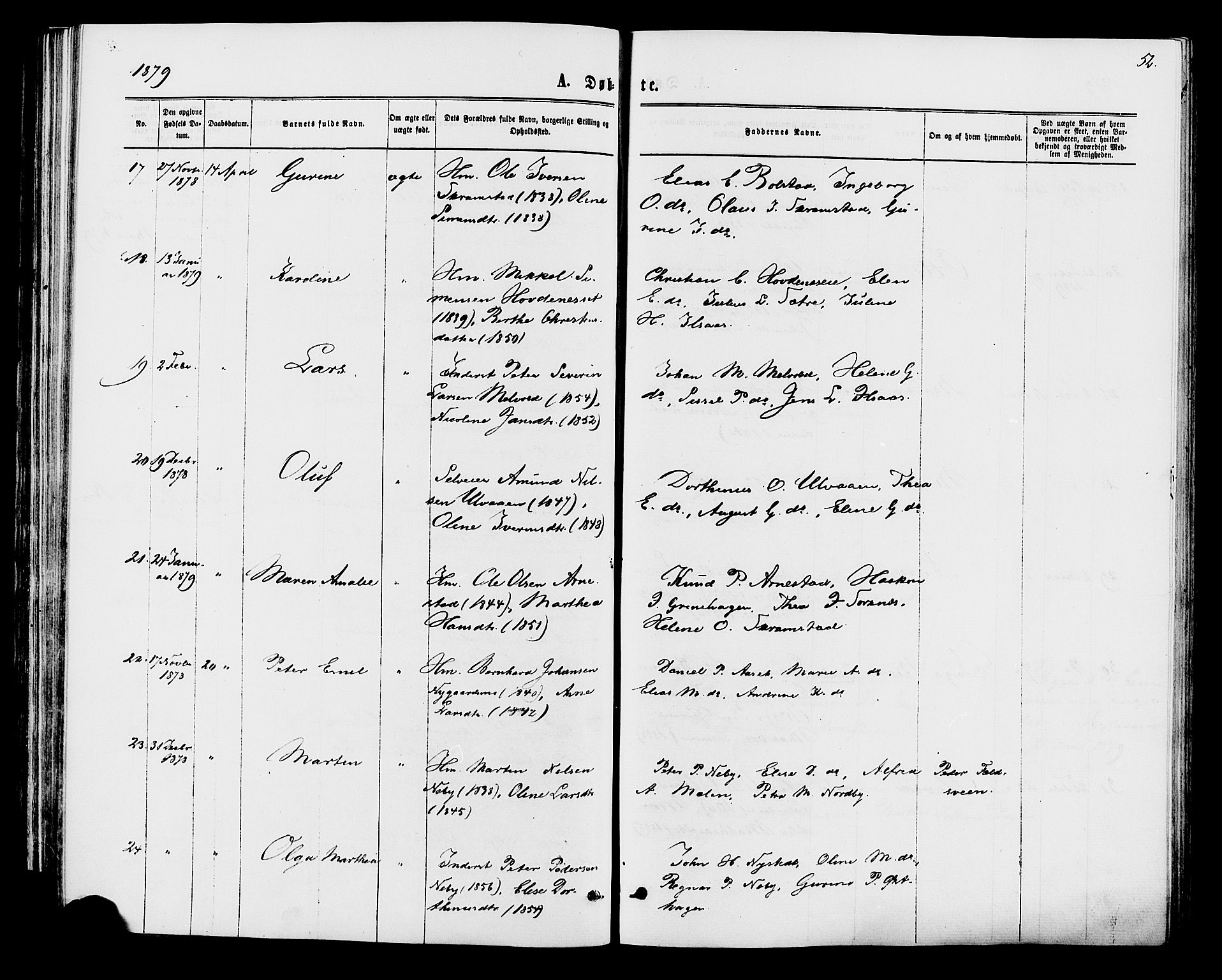 Åmot prestekontor, Hedmark, AV/SAH-PREST-056/H/Ha/Haa/L0009: Parish register (official) no. 9, 1875-1883, p. 52