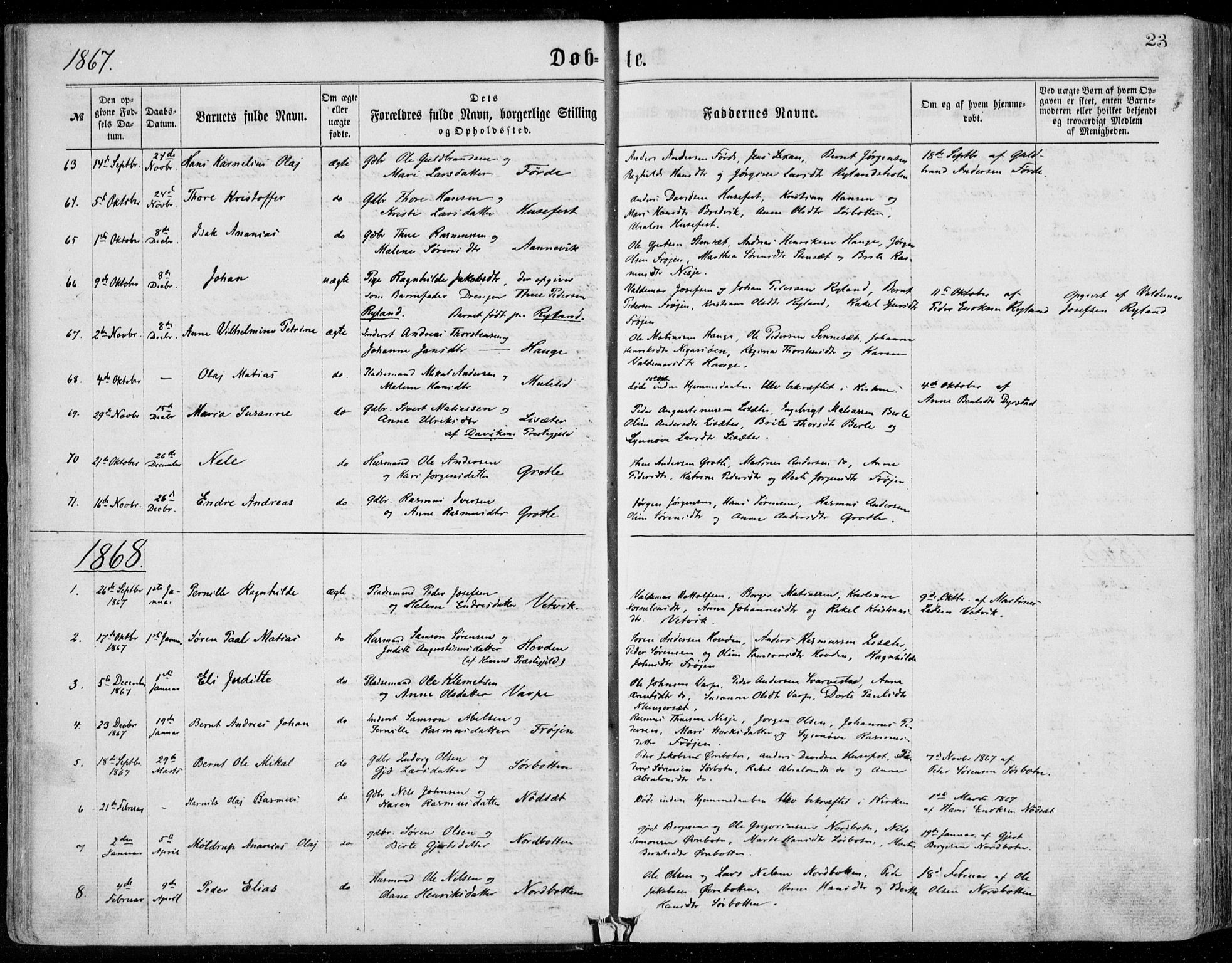 Bremanger sokneprestembete, SAB/A-82201/H/Haa/Haaa/L0001: Parish register (official) no. A  1, 1864-1883, p. 23