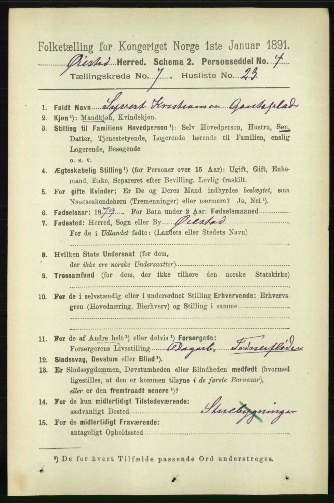 RA, 1891 census for 0920 Øyestad, 1891, p. 2793