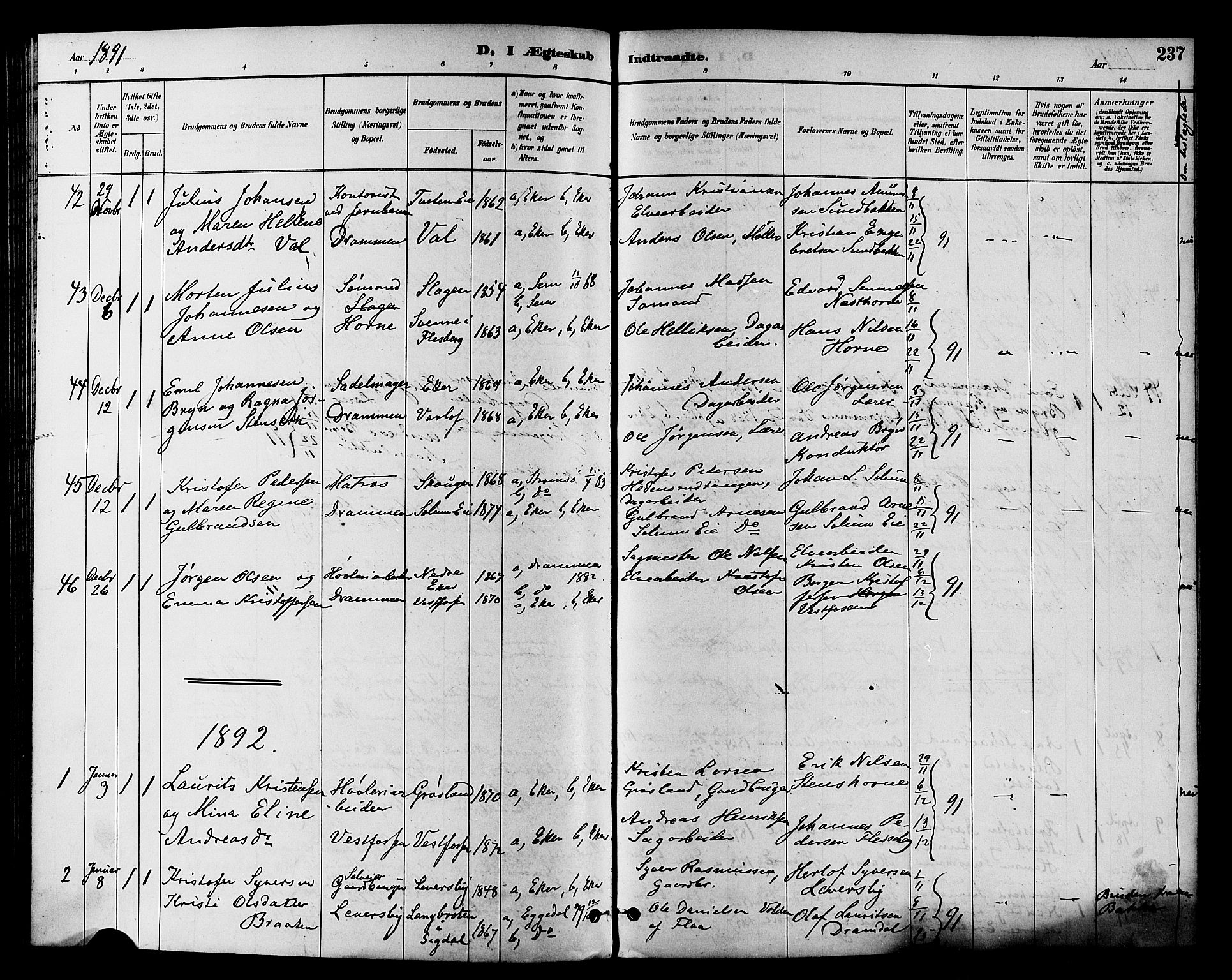 Eiker kirkebøker, AV/SAKO-A-4/F/Fb/L0002: Parish register (official) no. II 2, 1889-1896, p. 237