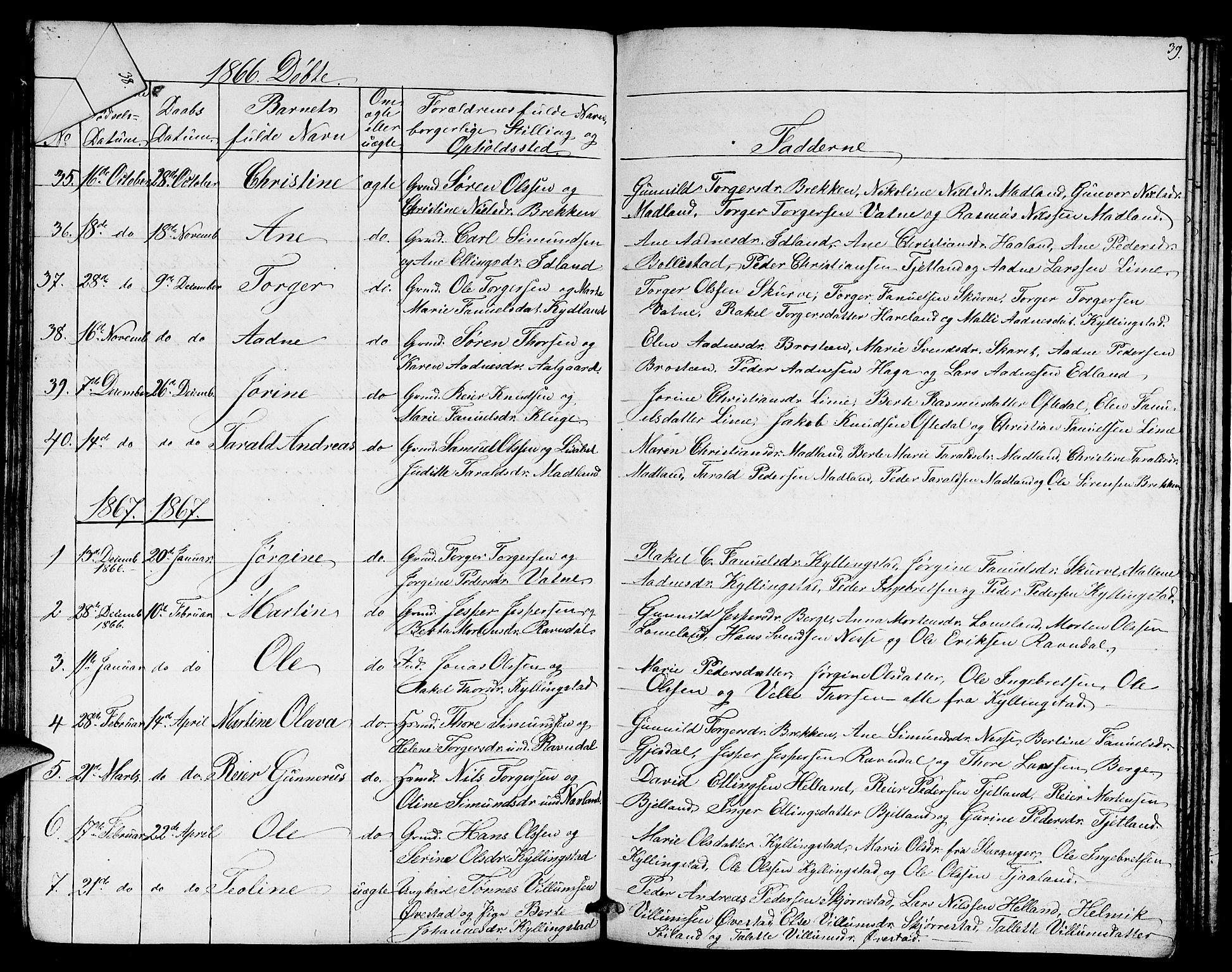 Lye sokneprestkontor, SAST/A-101794/001/30BB/L0003: Parish register (copy) no. B 3, 1852-1874, p. 39