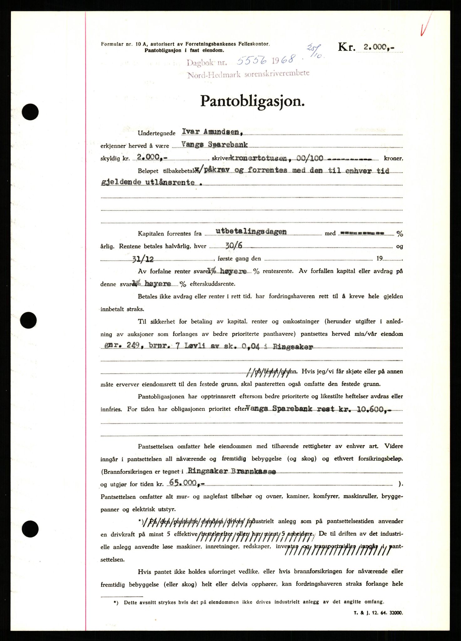 Nord-Hedmark sorenskriveri, SAH/TING-012/H/Hb/Hbf/L0077: Mortgage book no. B77, 1968-1969, Diary no: : 5556/1968