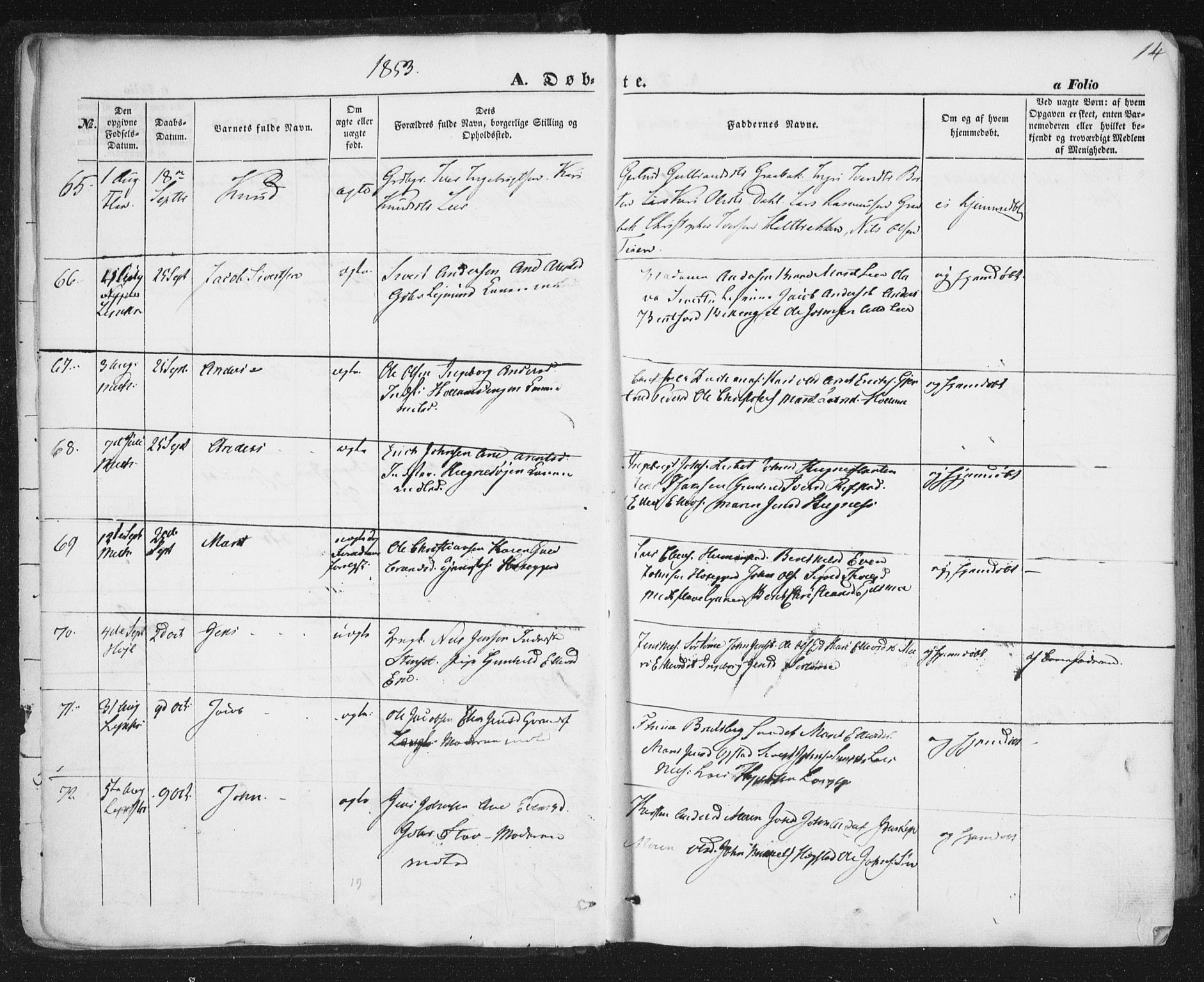 Ministerialprotokoller, klokkerbøker og fødselsregistre - Sør-Trøndelag, AV/SAT-A-1456/691/L1076: Parish register (official) no. 691A08, 1852-1861, p. 14