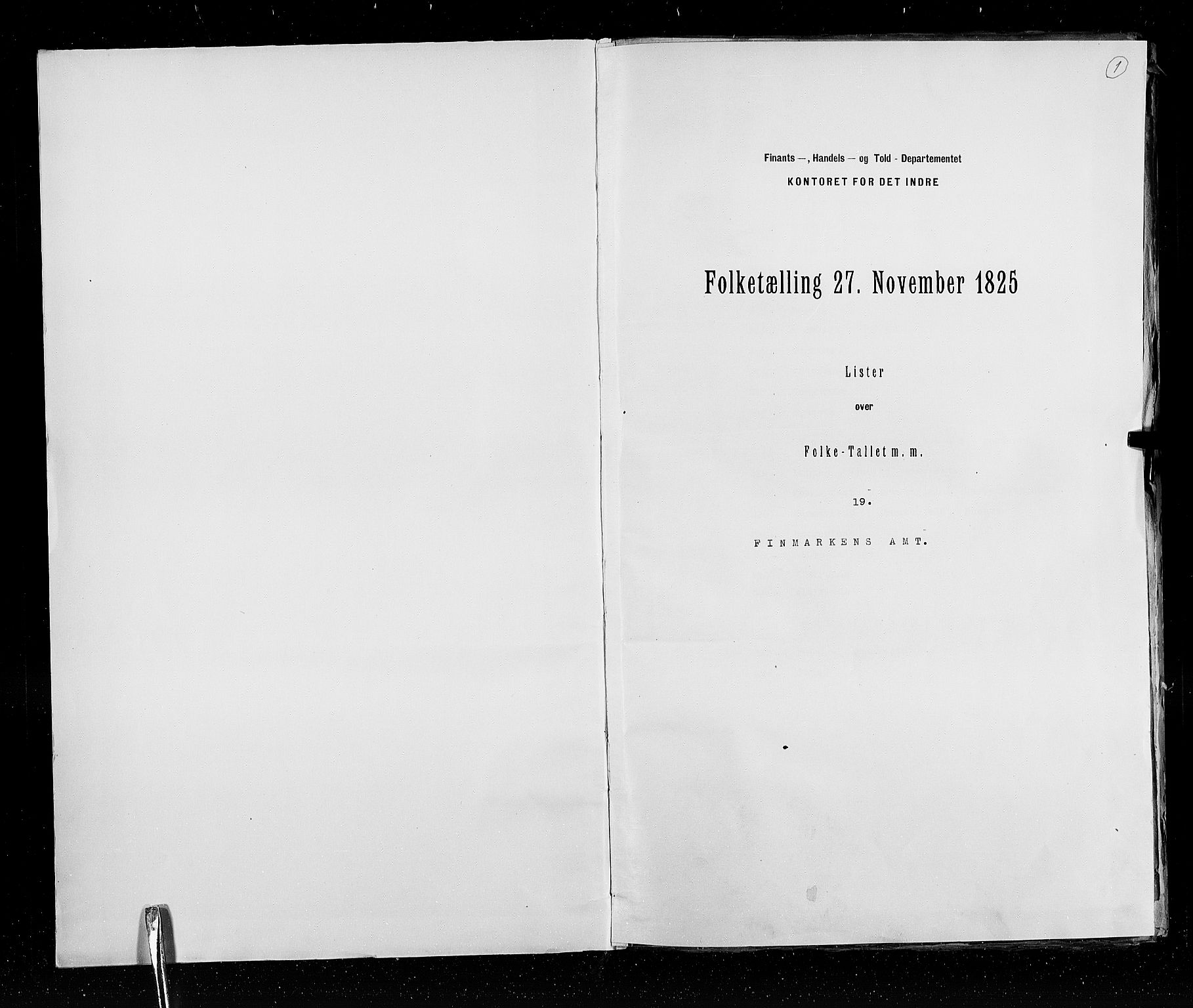 RA, Census 1825, vol. 19: Finnmarken amt, 1825, p. 1