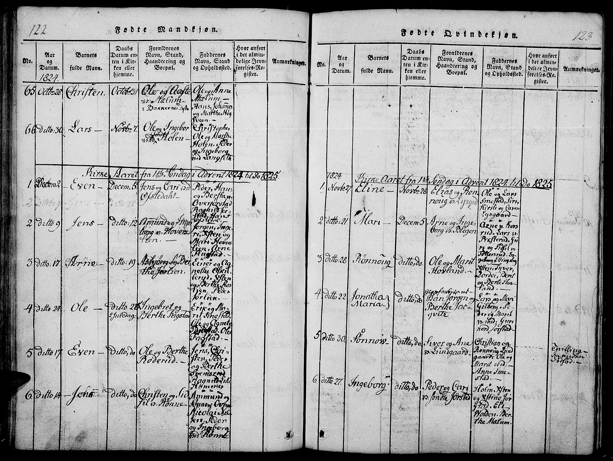Fåberg prestekontor, SAH/PREST-086/H/Ha/Haa/L0003: Parish register (official) no. 3, 1818-1833, p. 122-123