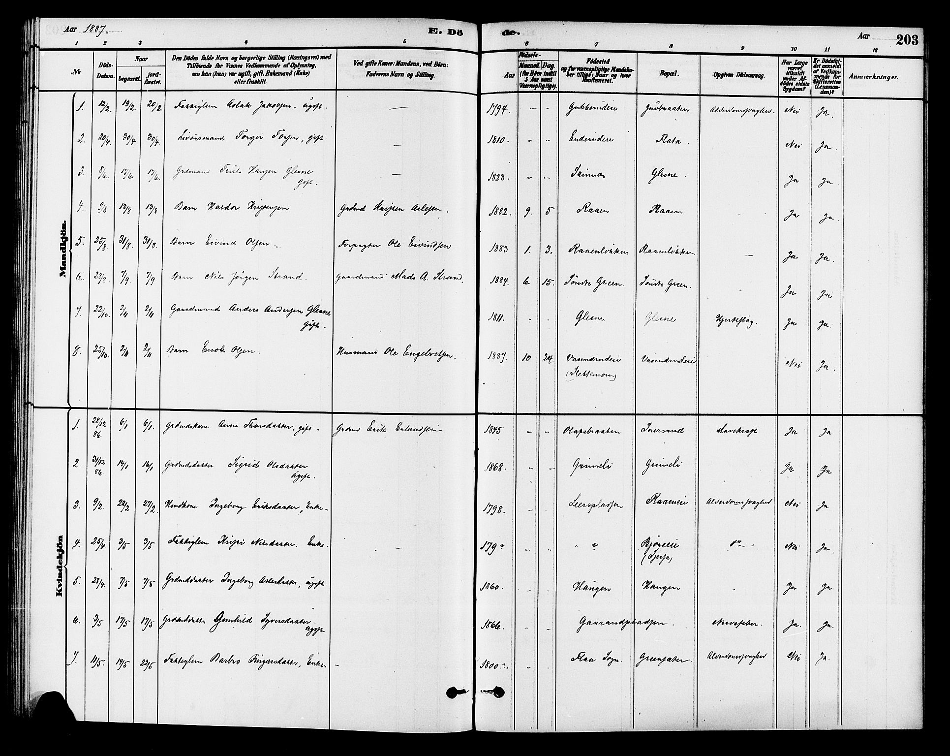 Krødsherad kirkebøker, SAKO/A-19/G/Ga/L0001: Parish register (copy) no. 1, 1879-1893, p. 203