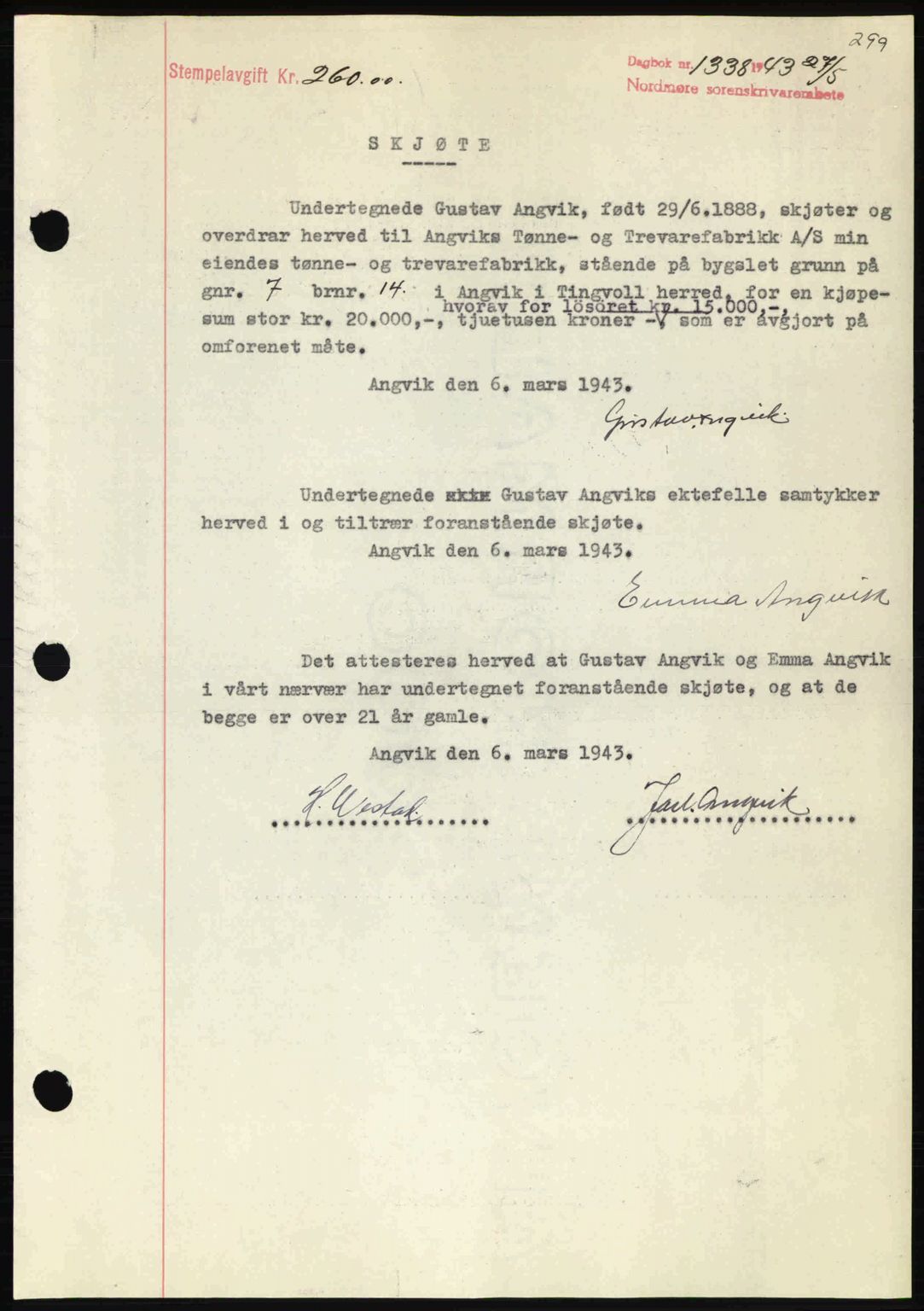 Nordmøre sorenskriveri, AV/SAT-A-4132/1/2/2Ca: Mortgage book no. A95, 1943-1943, Diary no: : 1338/1943