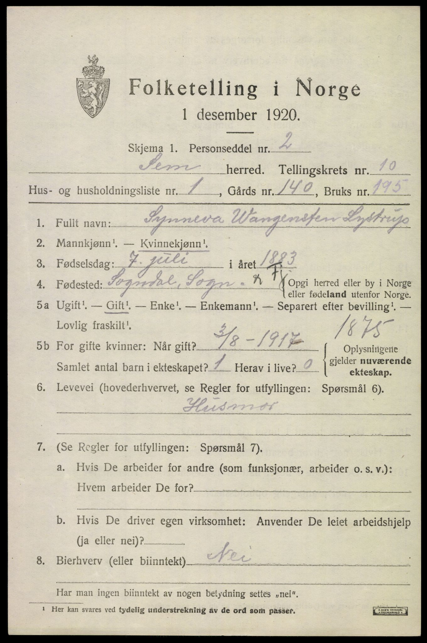 SAKO, 1920 census for Sem, 1920, p. 13415