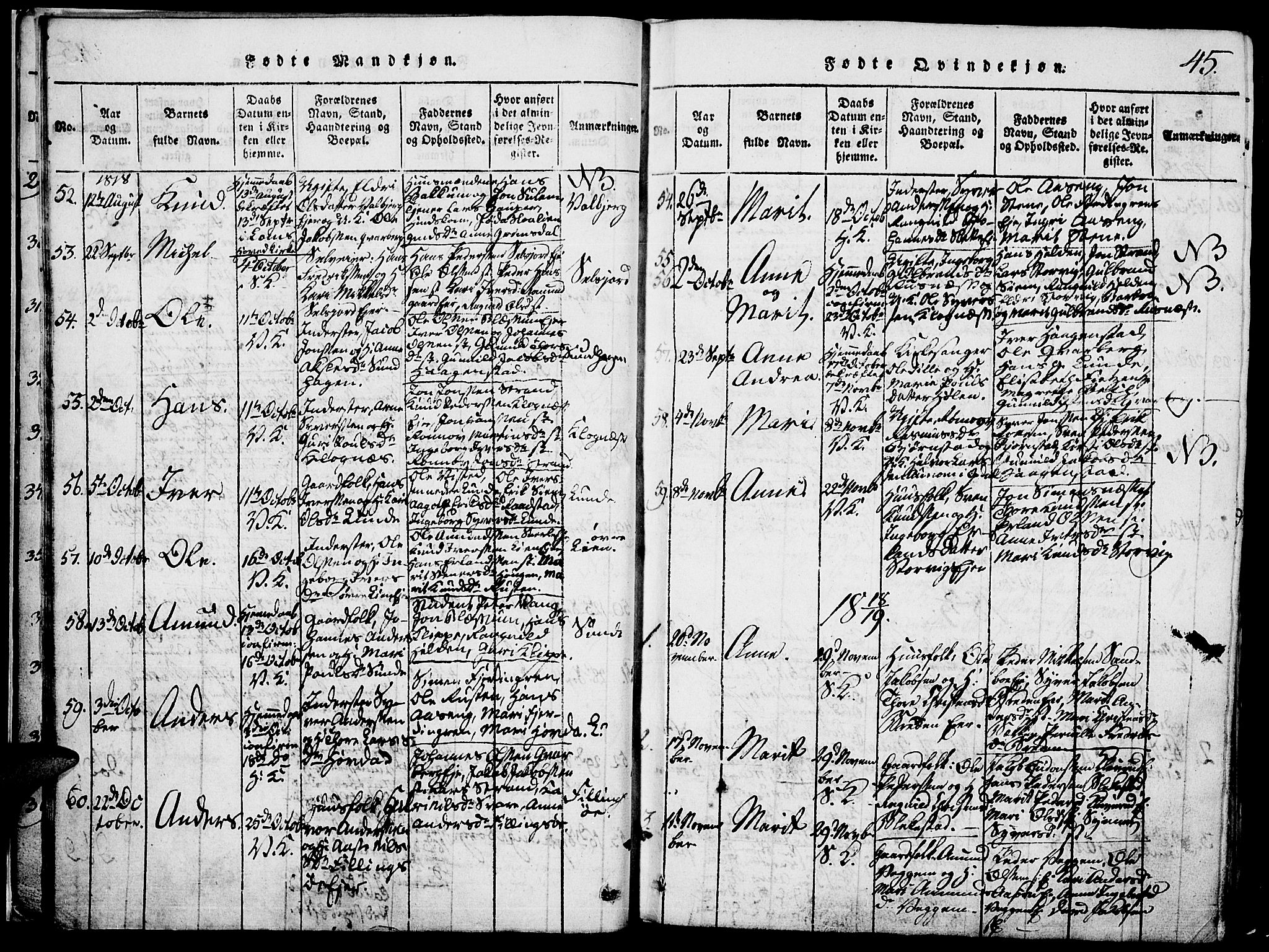 Vågå prestekontor, SAH/PREST-076/H/Ha/Hab/L0001: Parish register (copy) no. 1, 1815-1827, p. 44-45