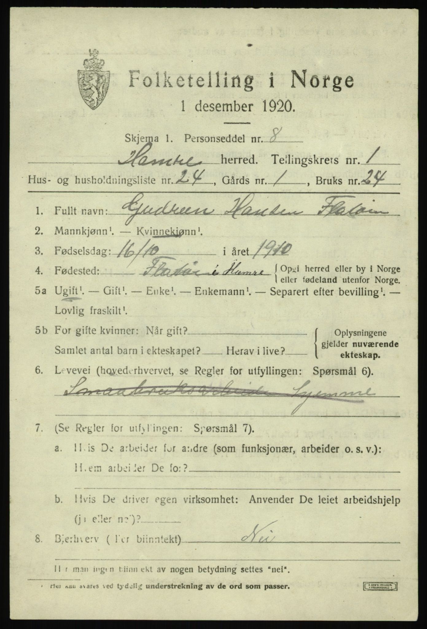 SAB, 1920 census for Hamre, 1920, p. 1257