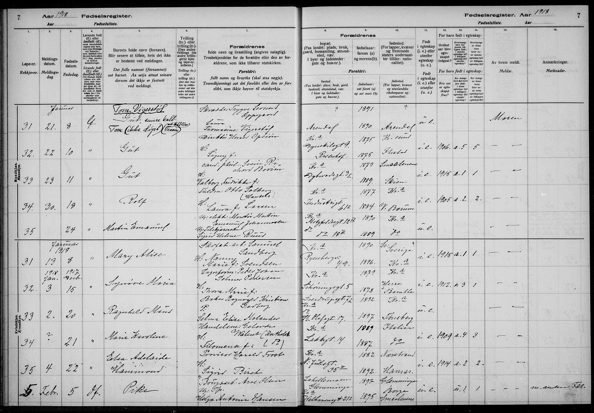 Rikshospitalet prestekontor Kirkebøker, AV/SAO-A-10309b/J/L0003: Birth register no. 3, 1918-1918, p. 7