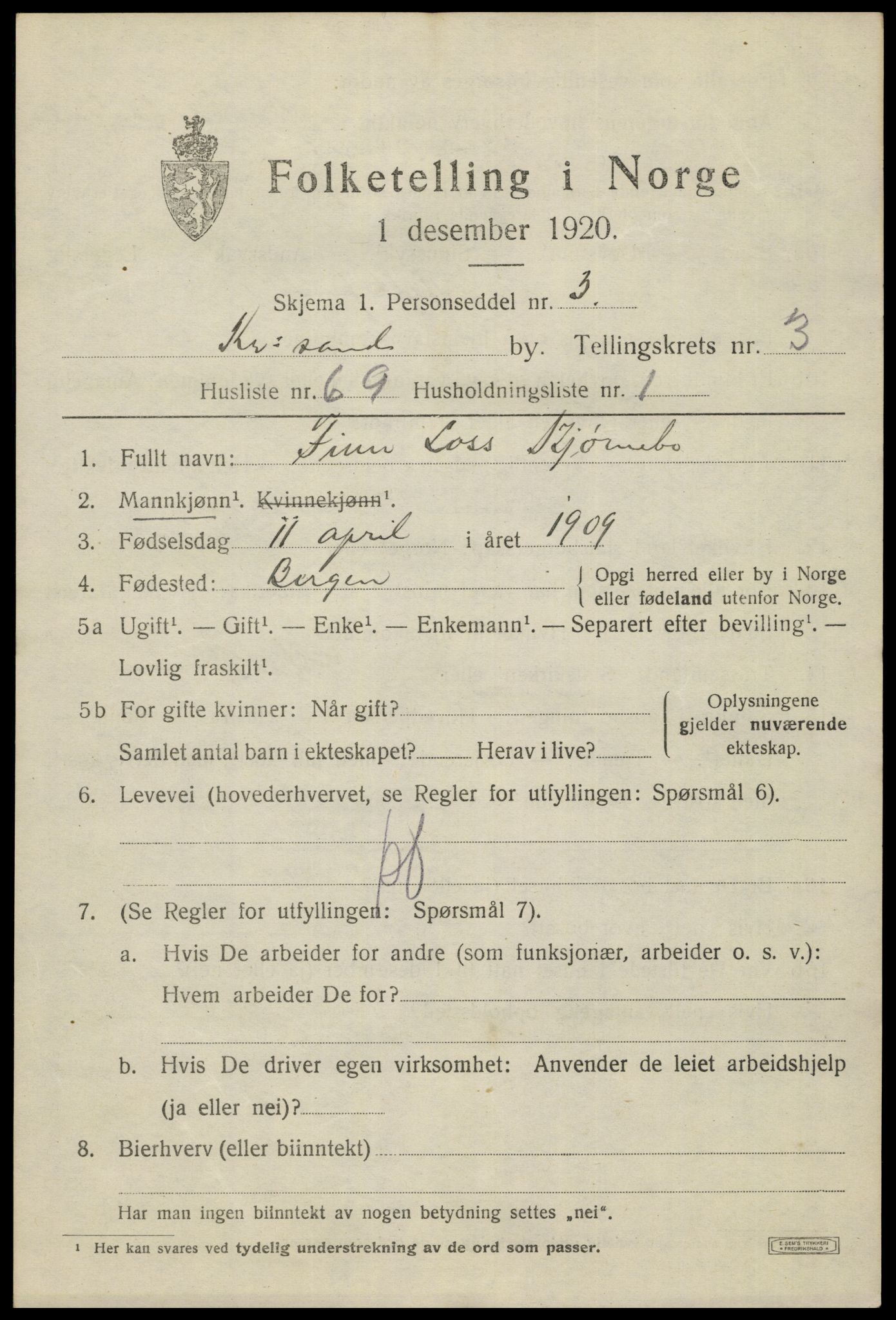 SAK, 1920 census for Kristiansand, 1920, p. 15311