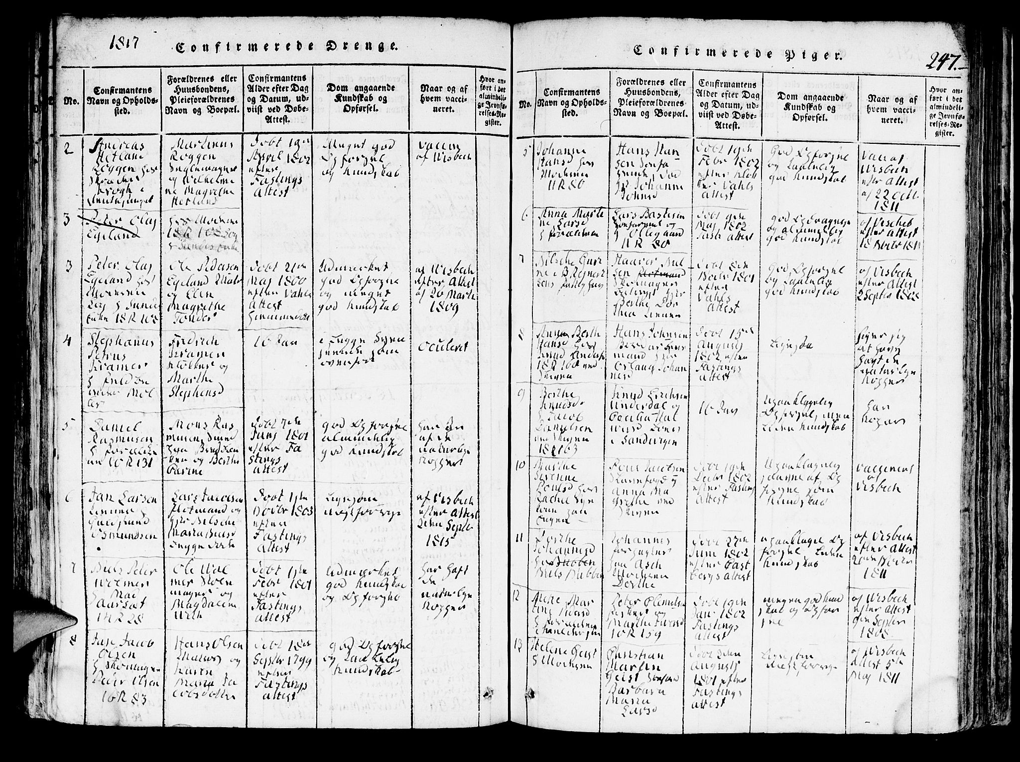 Domkirken sokneprestembete, SAB/A-74801/H/Hab/L0001: Parish register (copy) no. A 1, 1816-1821, p. 247