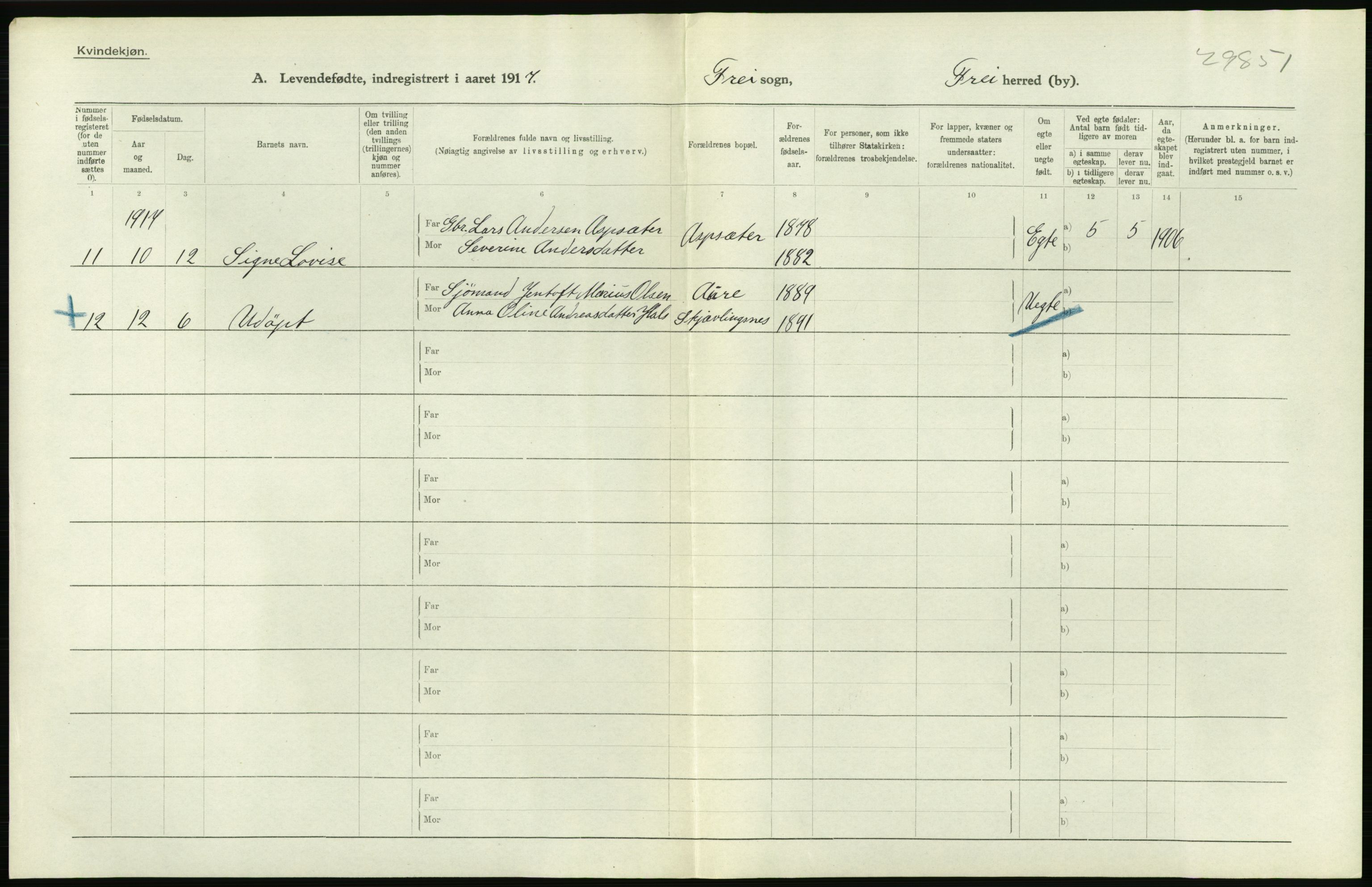 Statistisk sentralbyrå, Sosiodemografiske emner, Befolkning, RA/S-2228/D/Df/Dfb/Dfbg/L0042: Romsdals amt: Levendefødte menn og kvinner. Bygder., 1917, p. 502