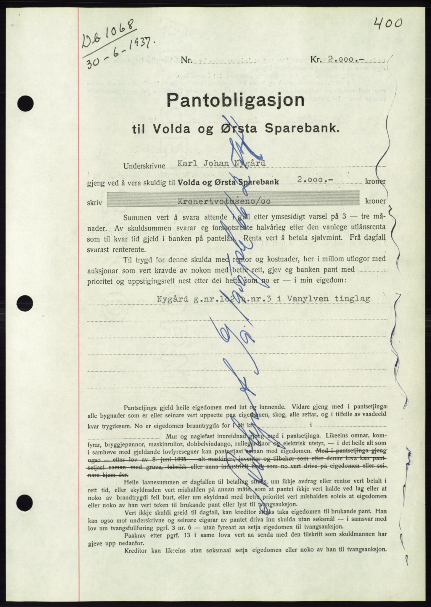 Søre Sunnmøre sorenskriveri, AV/SAT-A-4122/1/2/2C/L0063: Mortgage book no. 57, 1937-1937, Diary no: : 1068/1937