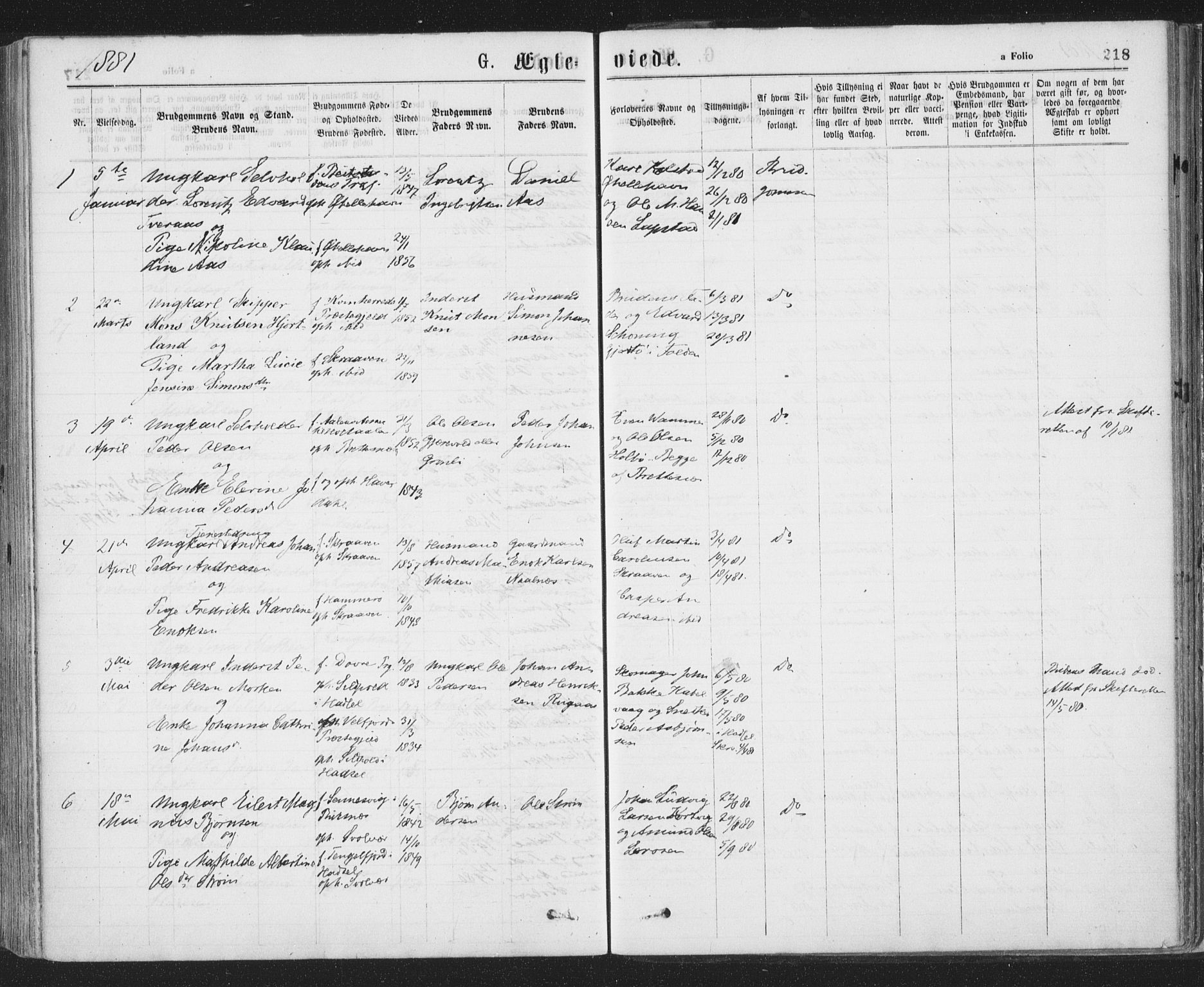 Ministerialprotokoller, klokkerbøker og fødselsregistre - Nordland, AV/SAT-A-1459/874/L1058: Parish register (official) no. 874A02, 1878-1883, p. 218