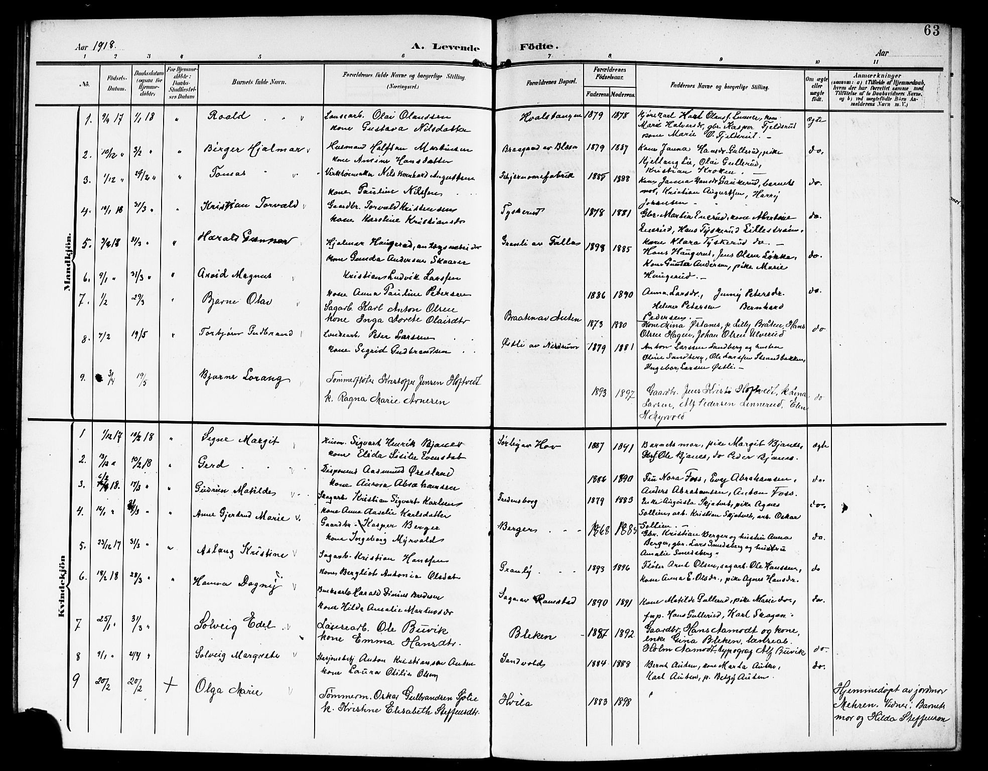 Fet prestekontor Kirkebøker, SAO/A-10370a/G/Ga/L0008: Parish register (copy) no. I 8, 1907-1920, p. 63