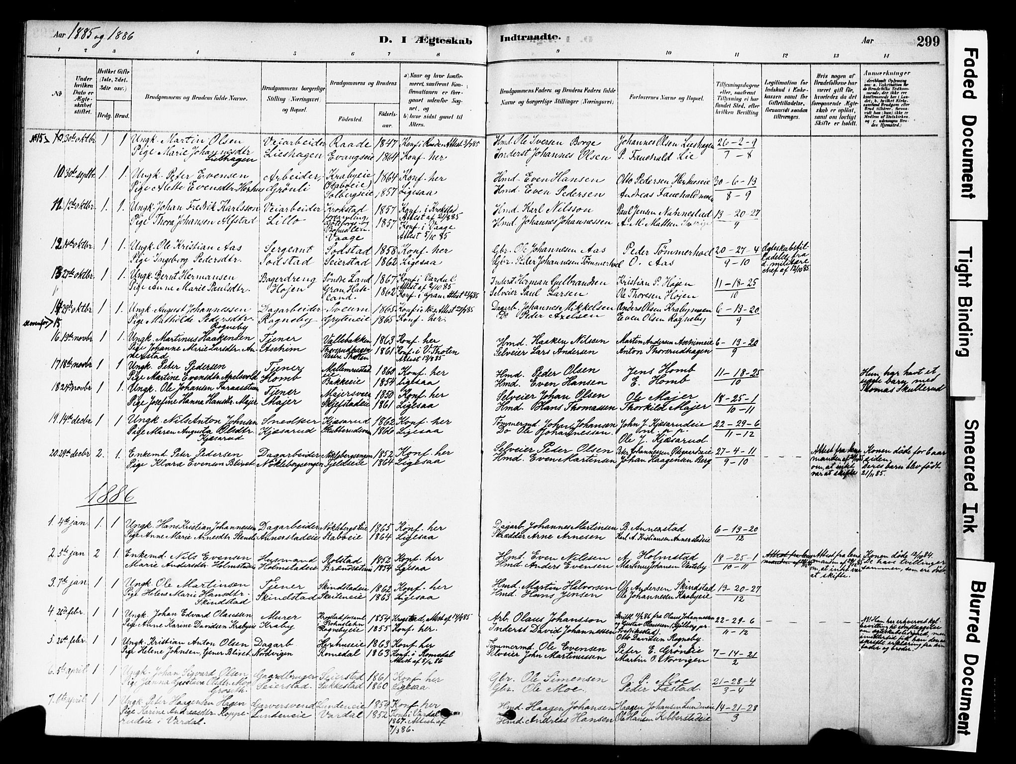 Østre Toten prestekontor, SAH/PREST-104/H/Ha/Haa/L0006: Parish register (official) no. 6 /1, 1878-1896, p. 299