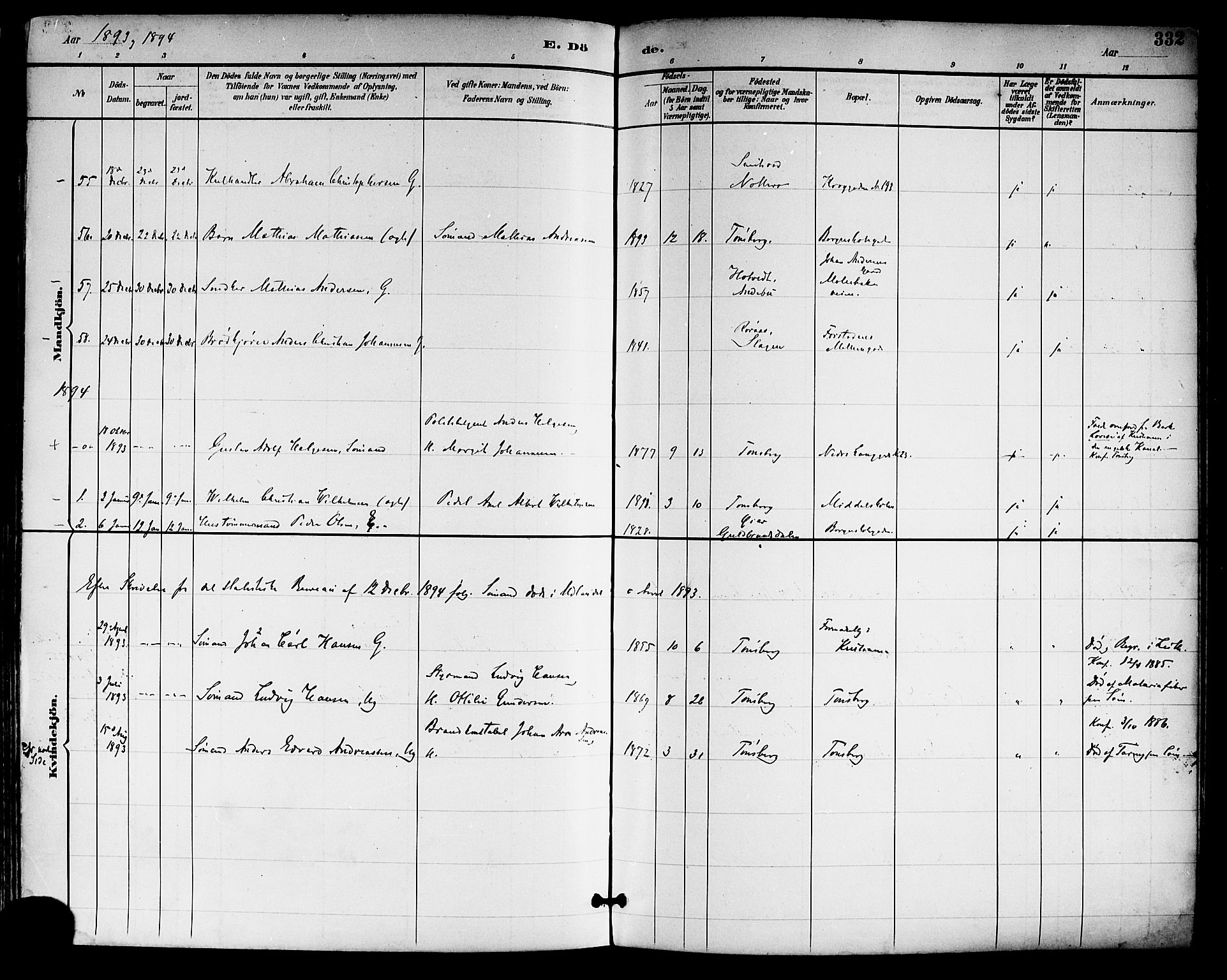 Tønsberg kirkebøker, AV/SAKO-A-330/F/Fa/L0012: Parish register (official) no. I 12, 1891-1899, p. 332