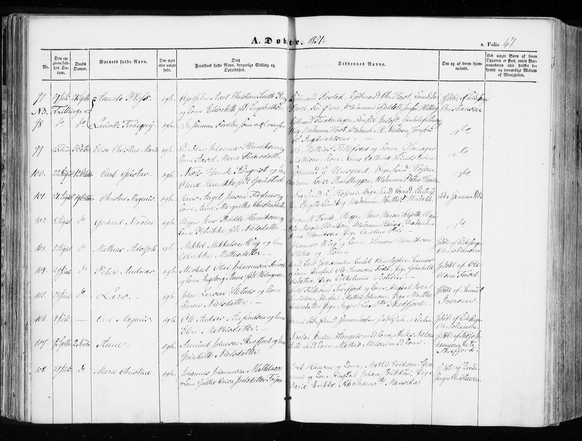 Hammerfest sokneprestkontor, SATØ/S-1347/H/Ha/L0004.kirke: Parish register (official) no. 4, 1843-1856, p. 67