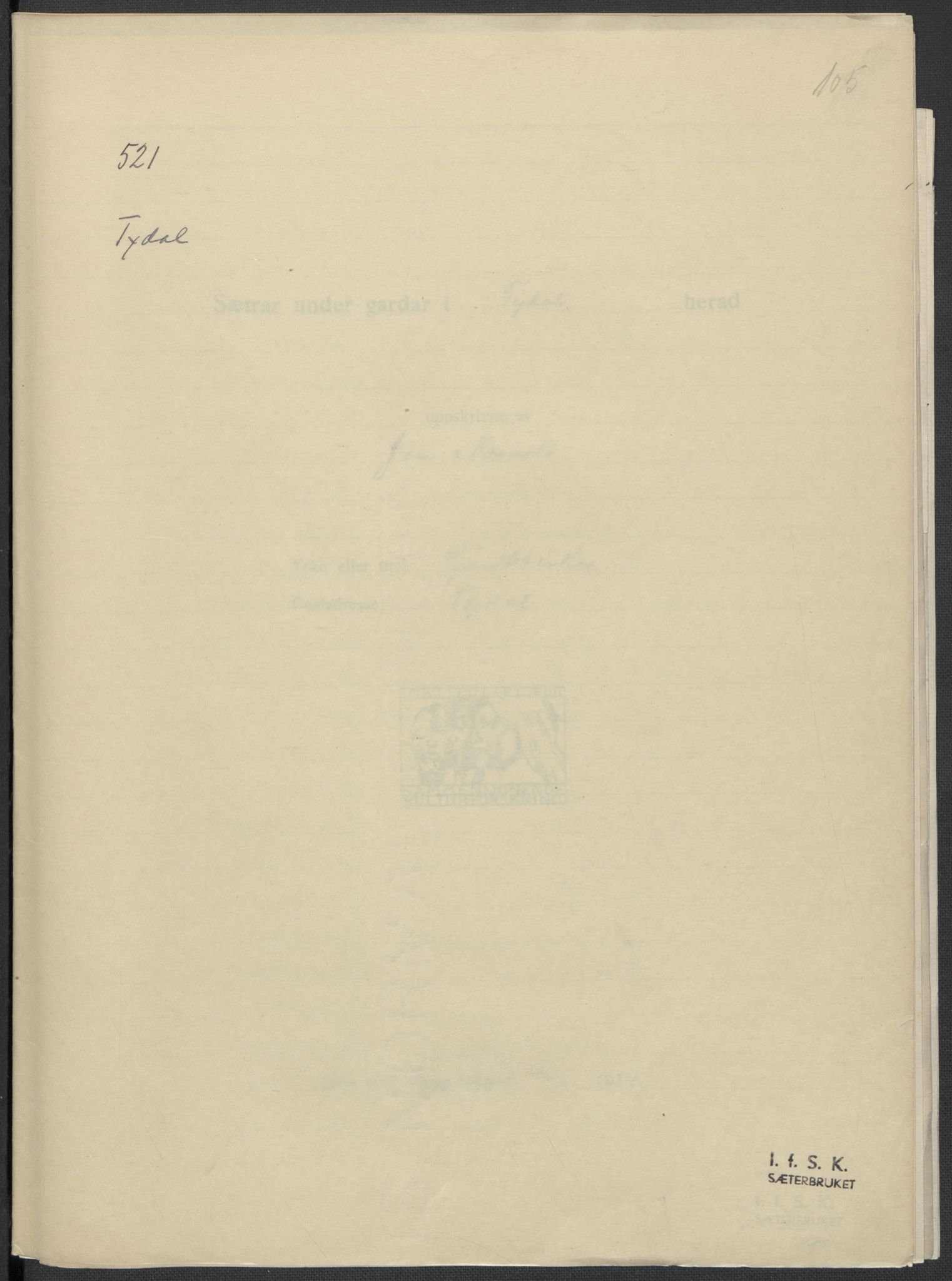 Instituttet for sammenlignende kulturforskning, AV/RA-PA-0424/F/Fc/L0014/0003: Eske B14: / Sør-Trøndelag (perm XLI), 1933-1935, p. 105