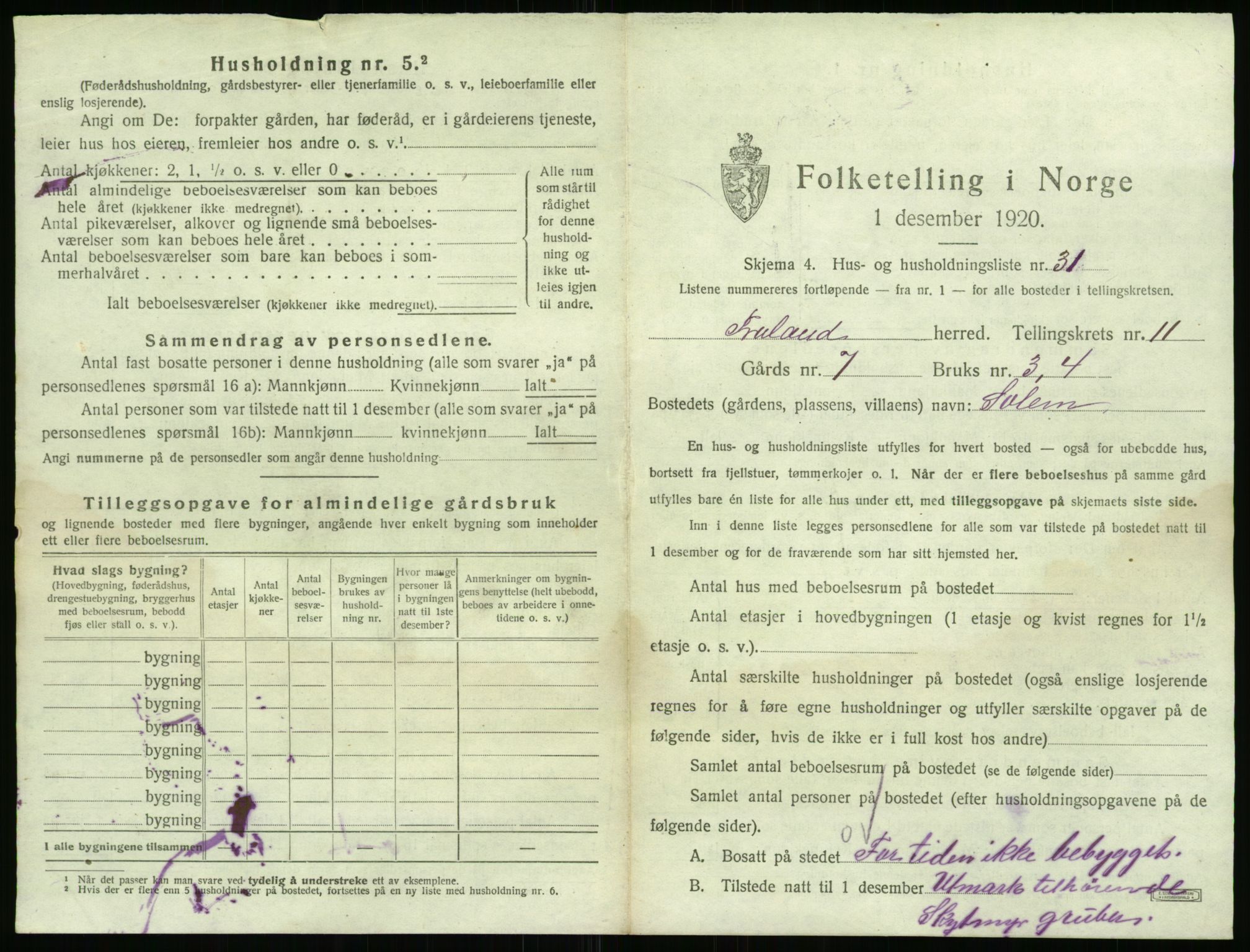 SAK, 1920 census for Froland, 1920, p. 961