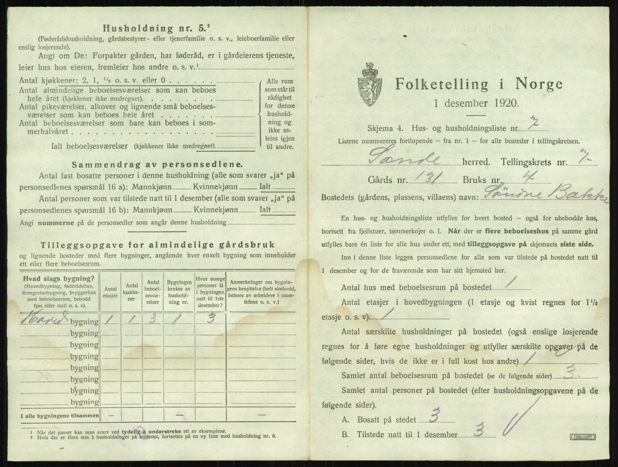 SAKO, 1920 census for Sande, 1920, p. 1225