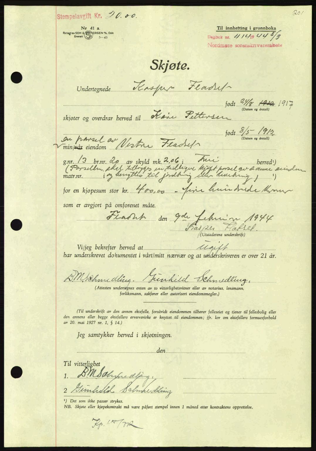 Nordmøre sorenskriveri, AV/SAT-A-4132/1/2/2Ca: Mortgage book no. A97, 1944-1944, Diary no: : 414/1944