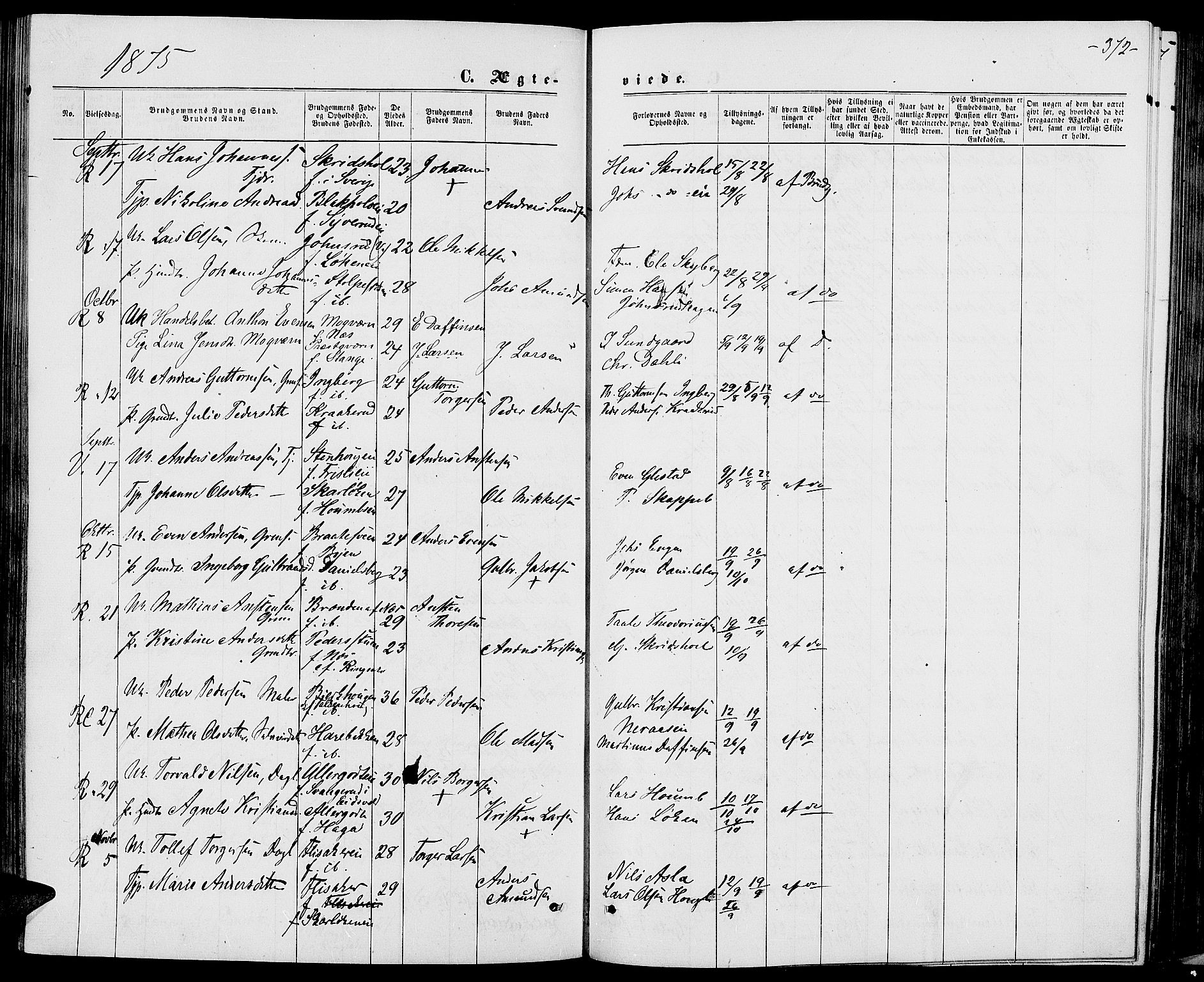 Ringsaker prestekontor, AV/SAH-PREST-014/L/La/L0008: Parish register (copy) no. 8, 1870-1878, p. 372