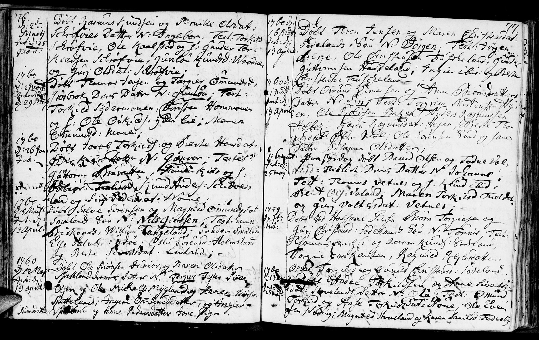 Holum sokneprestkontor, AV/SAK-1111-0022/F/Fa/Faa/L0002: Parish register (official) no. A 2, 1756-1780, p. 76-77