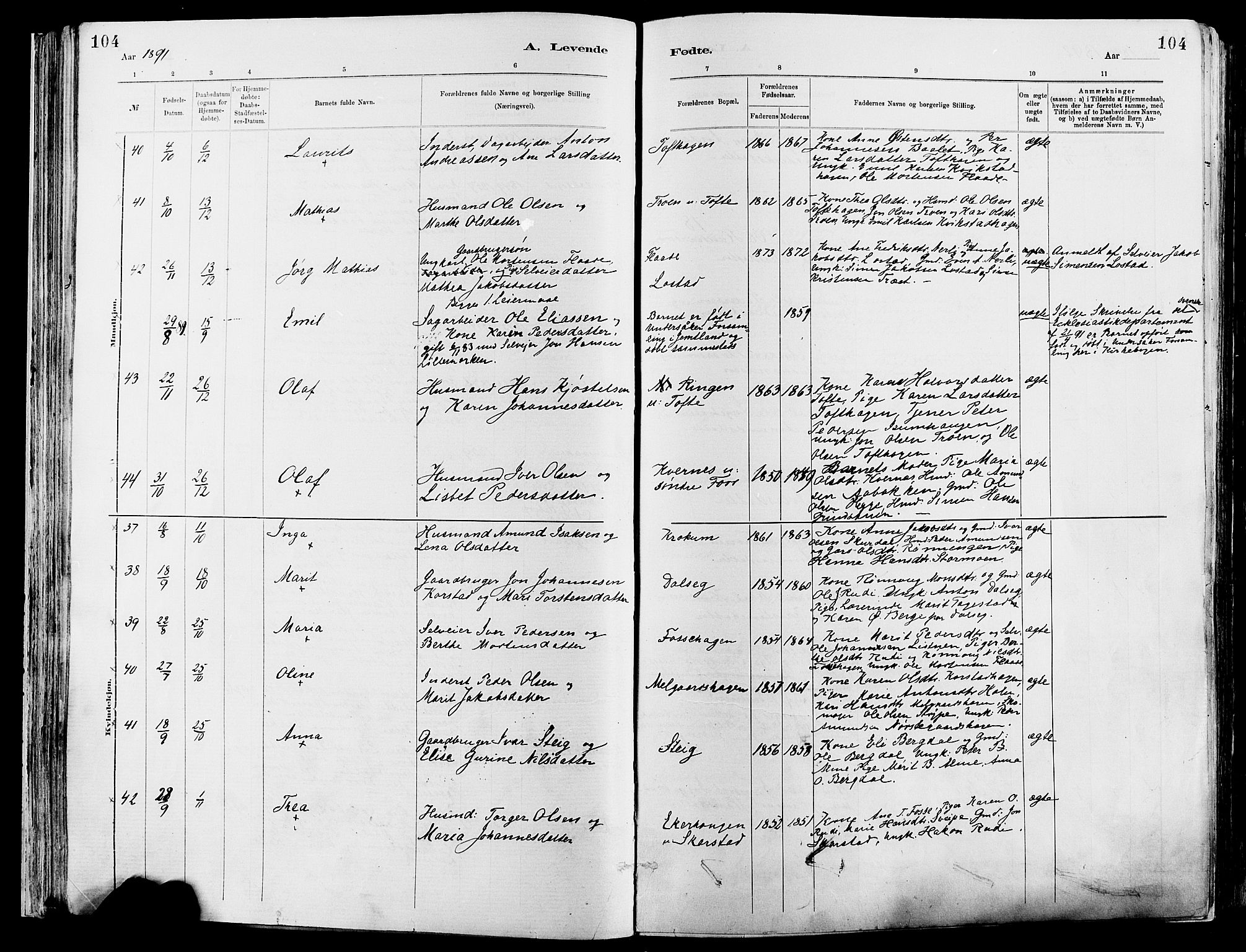 Sør-Fron prestekontor, AV/SAH-PREST-010/H/Ha/Haa/L0003: Parish register (official) no. 3, 1881-1897, p. 104