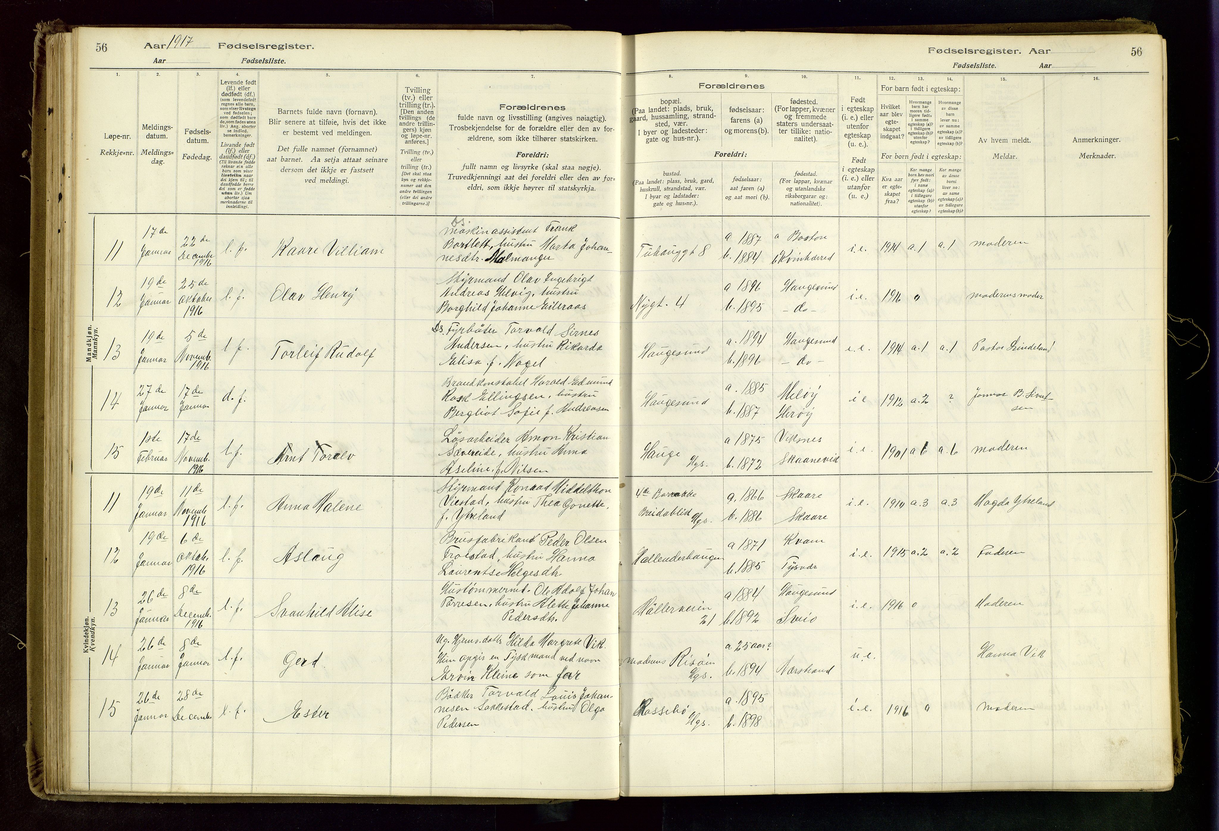 Haugesund sokneprestkontor, AV/SAST-A -101863/I/Id/L0003: Birth register no. 1, 1916-1919, p. 56