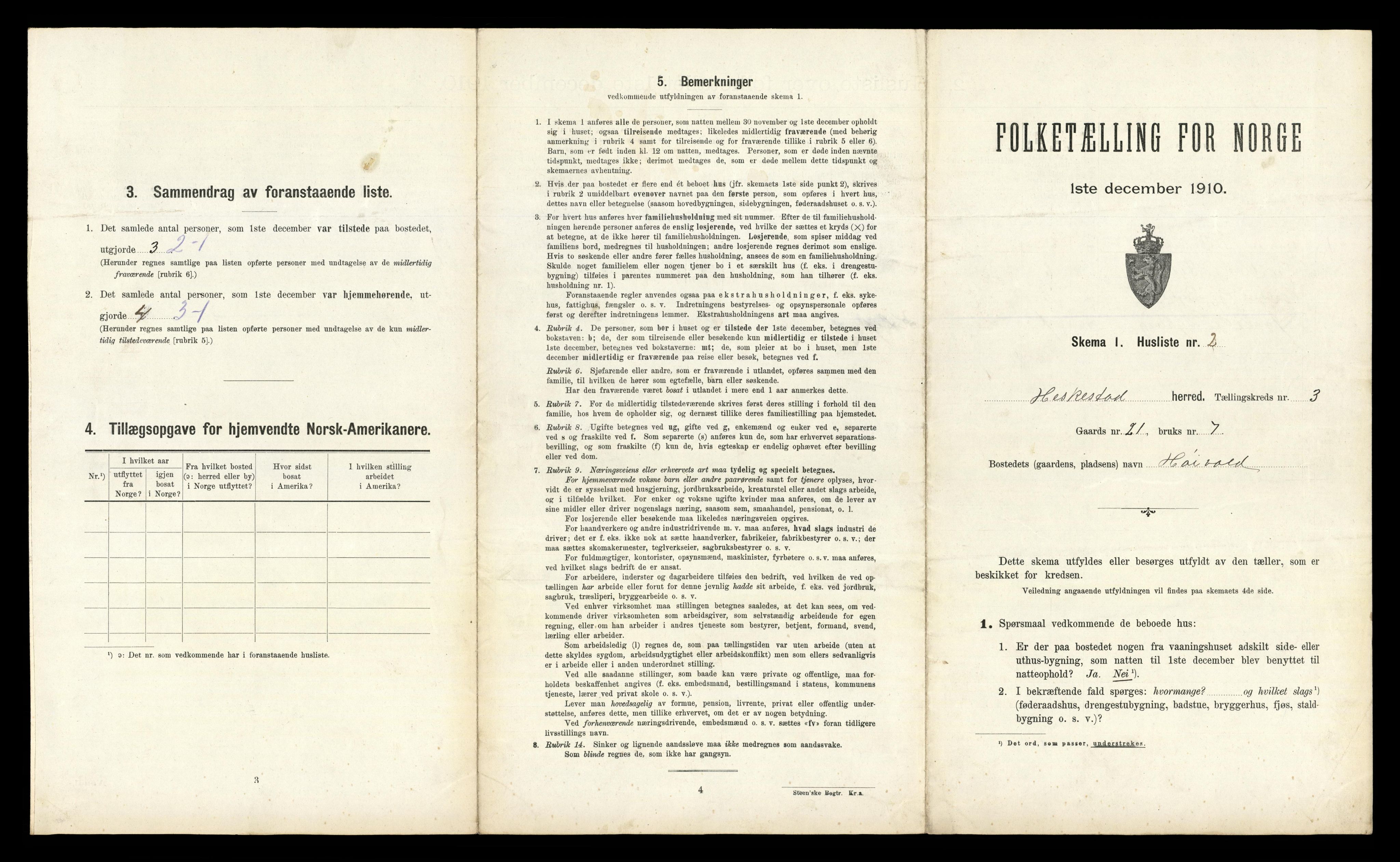 RA, 1910 census for Heskestad, 1910, p. 244