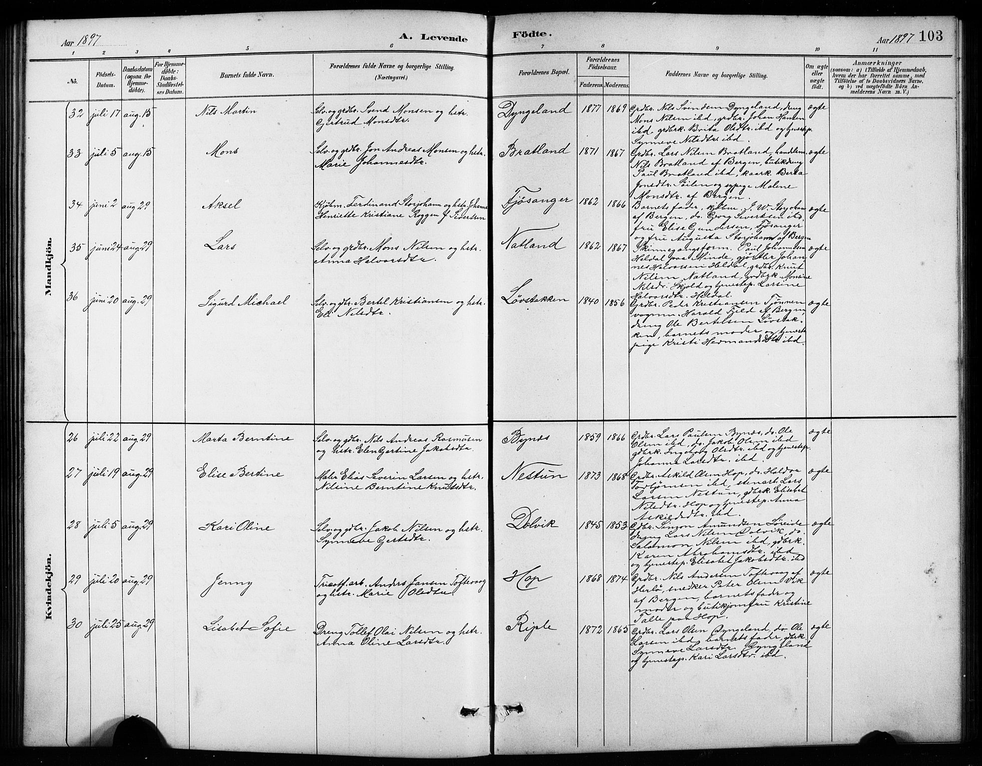 Birkeland Sokneprestembete, SAB/A-74601/H/Hab: Parish register (copy) no. A 4, 1888-1897, p. 103