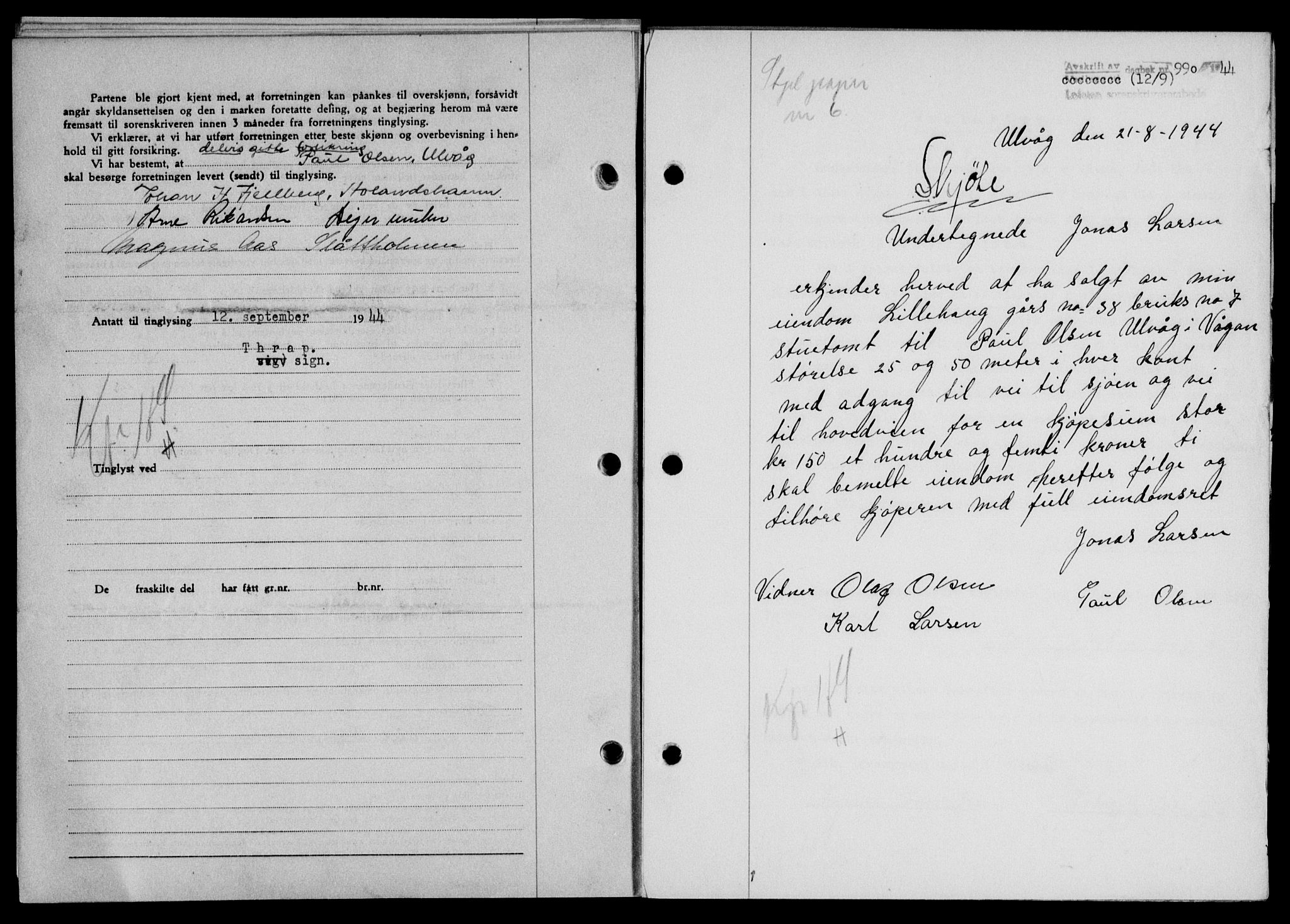 Lofoten sorenskriveri, SAT/A-0017/1/2/2C/L0012a: Mortgage book no. 12a, 1943-1944, Diary no: : 990/1944