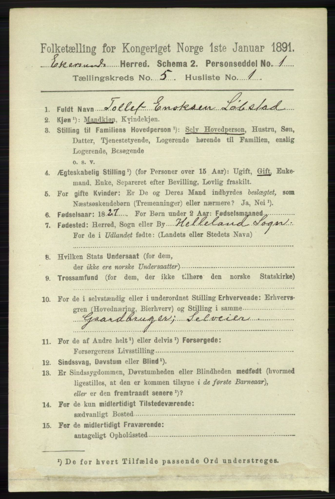 RA, 1891 census for 1116 Eigersund herred, 1891, p. 2045