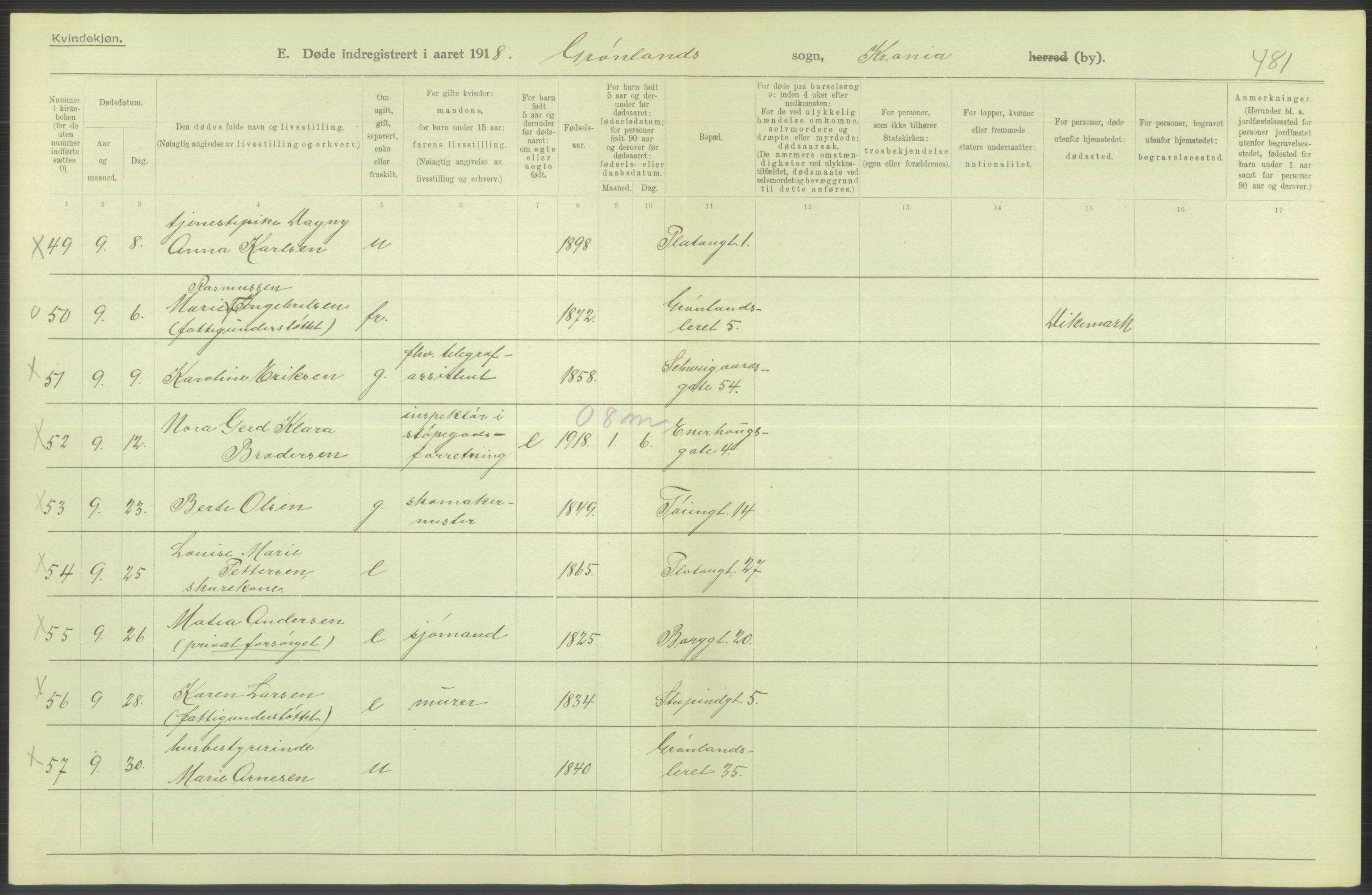 Statistisk sentralbyrå, Sosiodemografiske emner, Befolkning, AV/RA-S-2228/D/Df/Dfb/Dfbh/L0011: Kristiania: Døde, dødfødte, 1918, p. 382