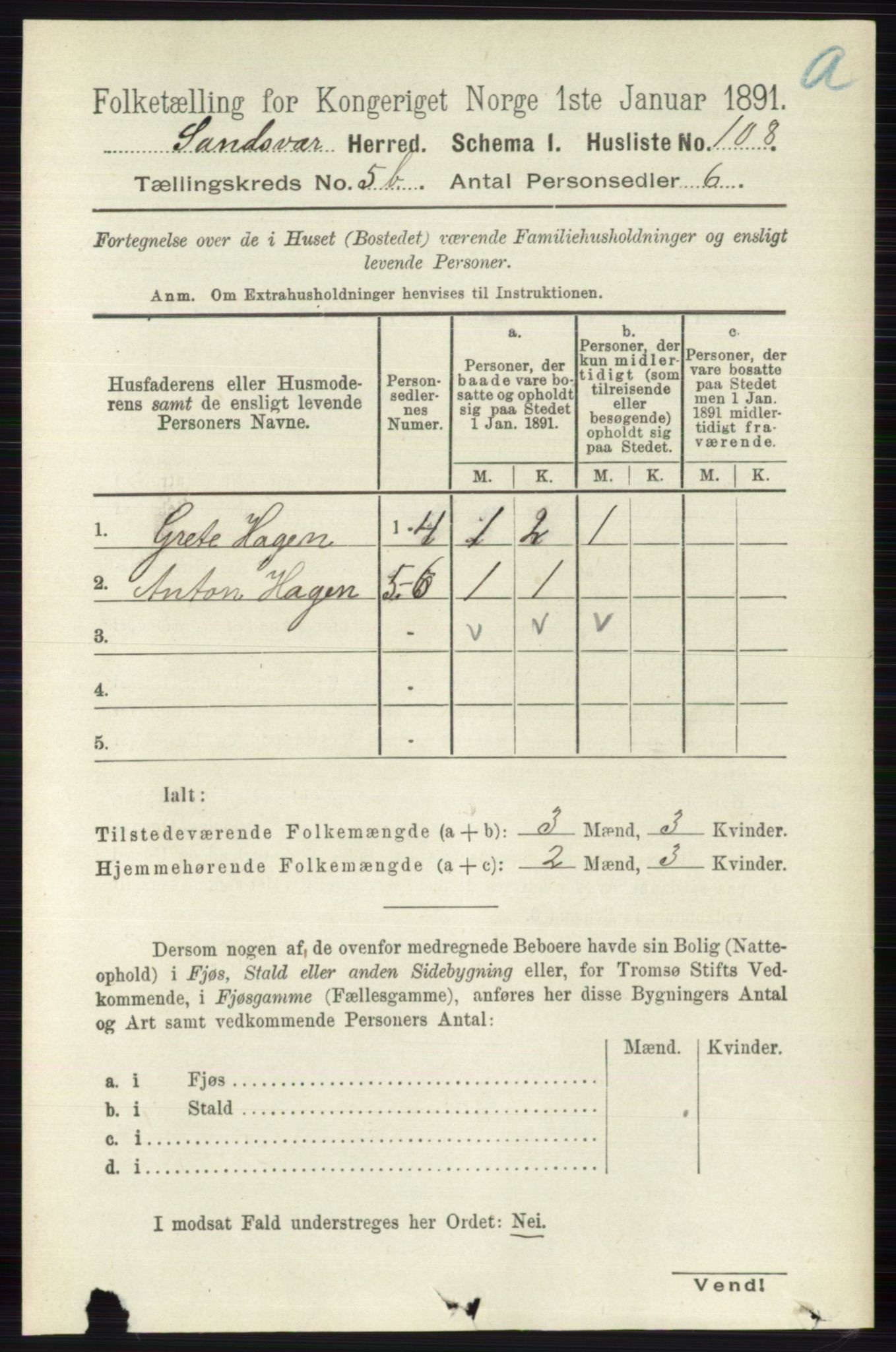 RA, 1891 census for 0629 Sandsvær, 1891, p. 2787