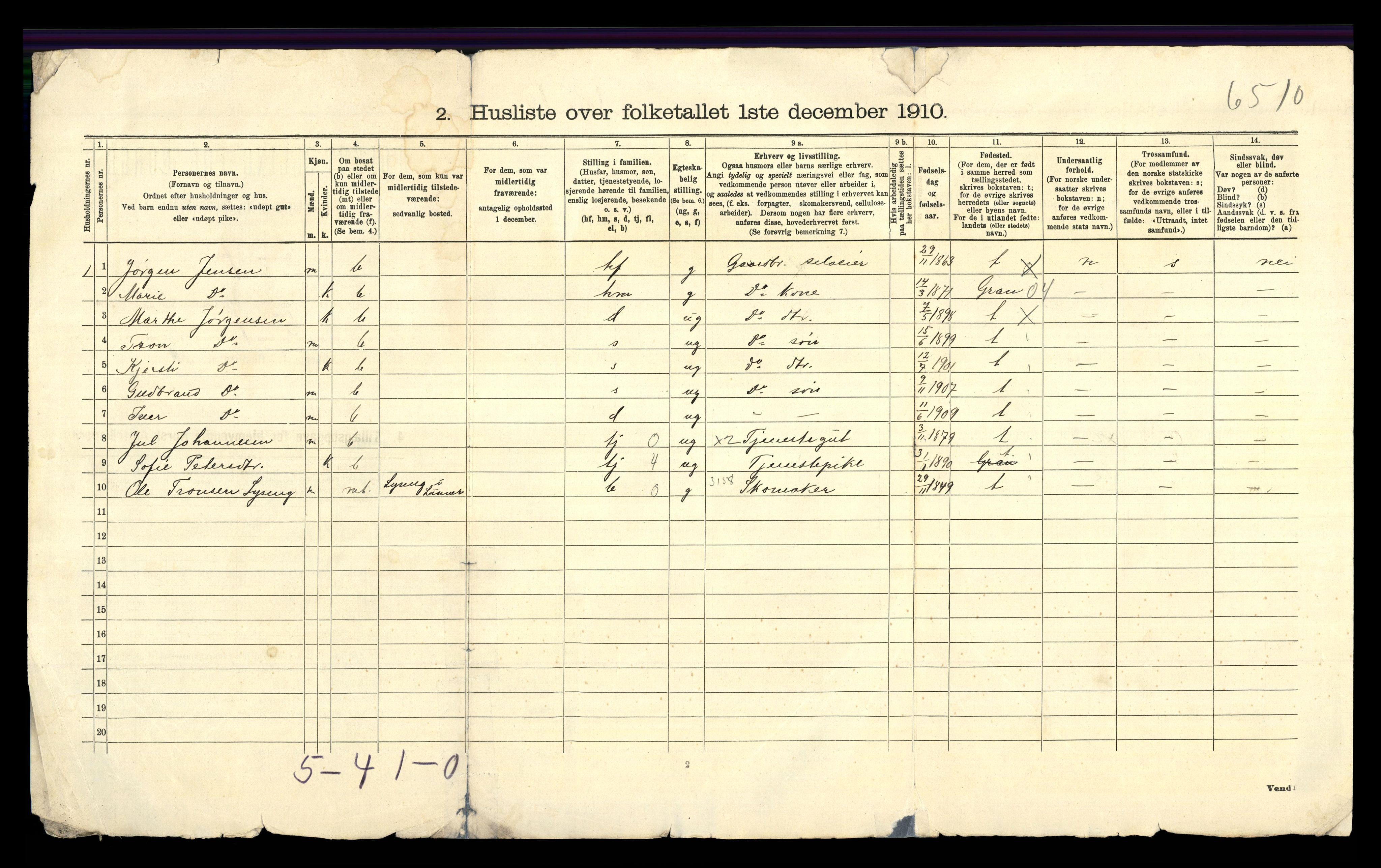 RA, 1910 census for Lunner, 1910, p. 43