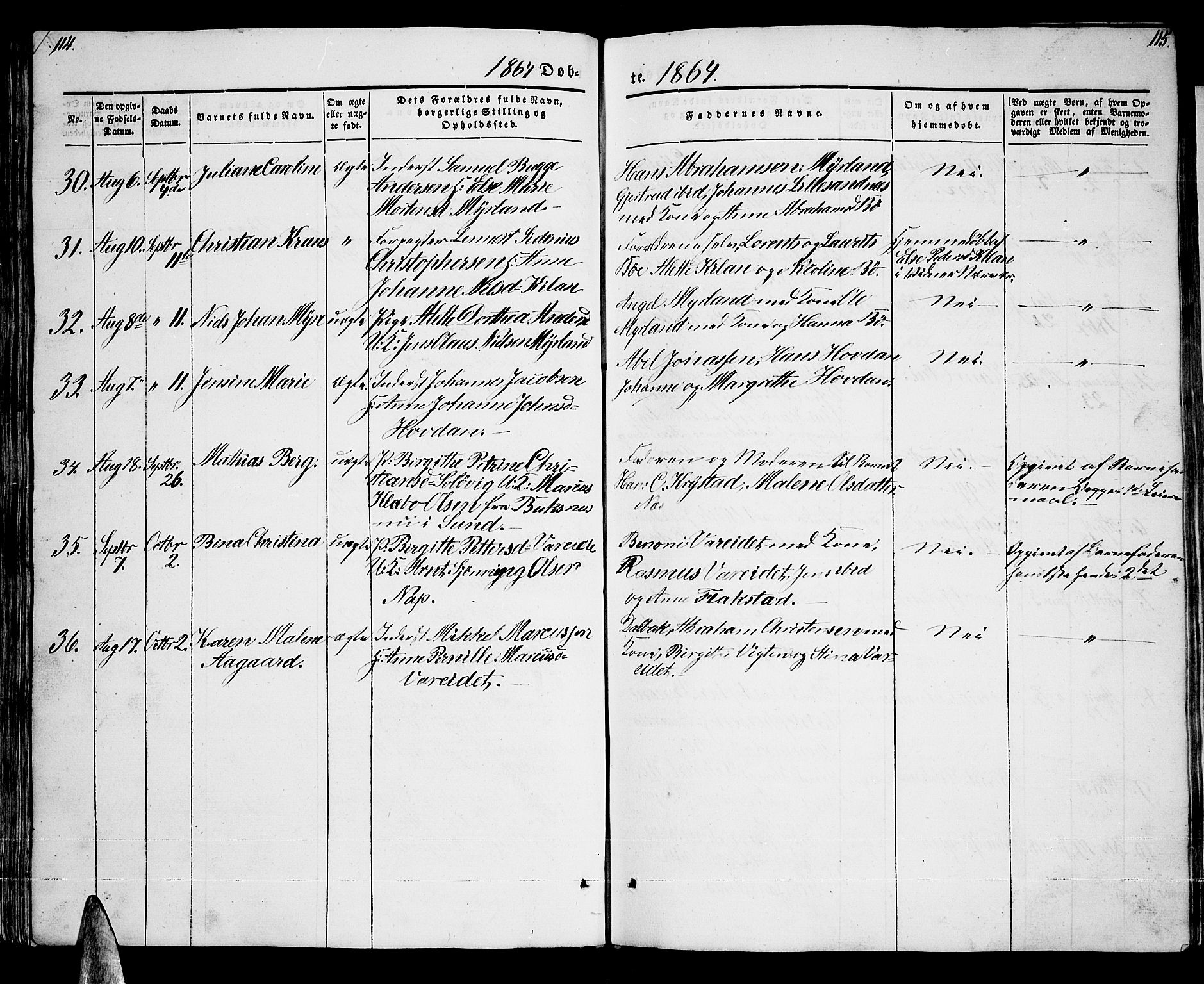 Ministerialprotokoller, klokkerbøker og fødselsregistre - Nordland, AV/SAT-A-1459/885/L1212: Parish register (copy) no. 885C01, 1847-1873, p. 114-115