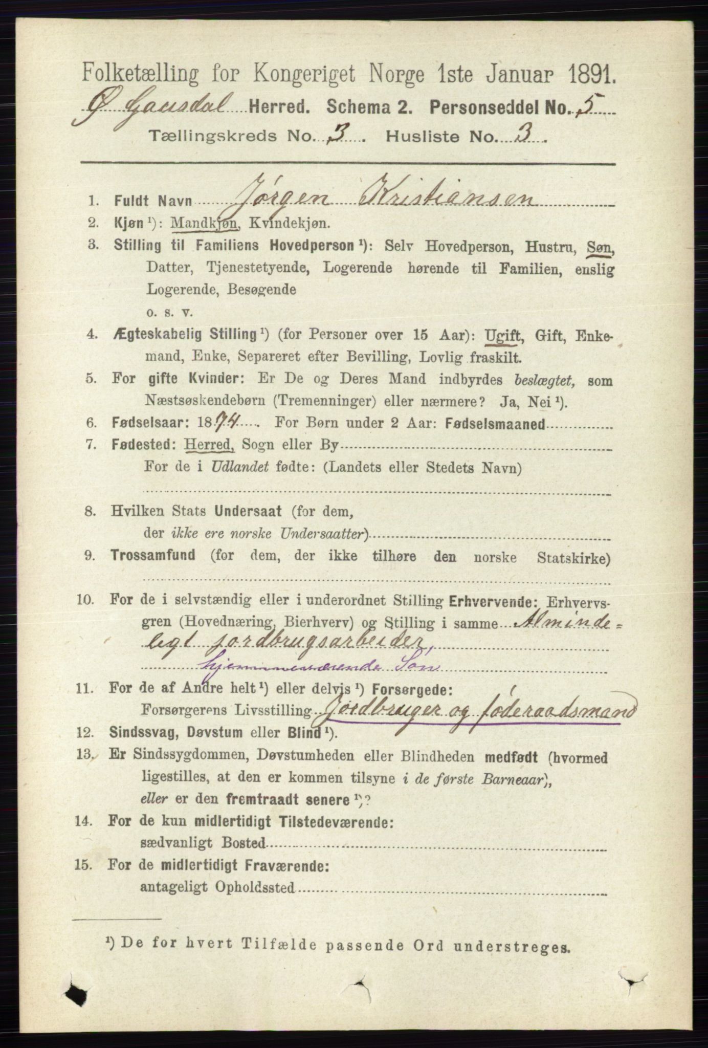 RA, 1891 census for 0522 Østre Gausdal, 1891, p. 1735