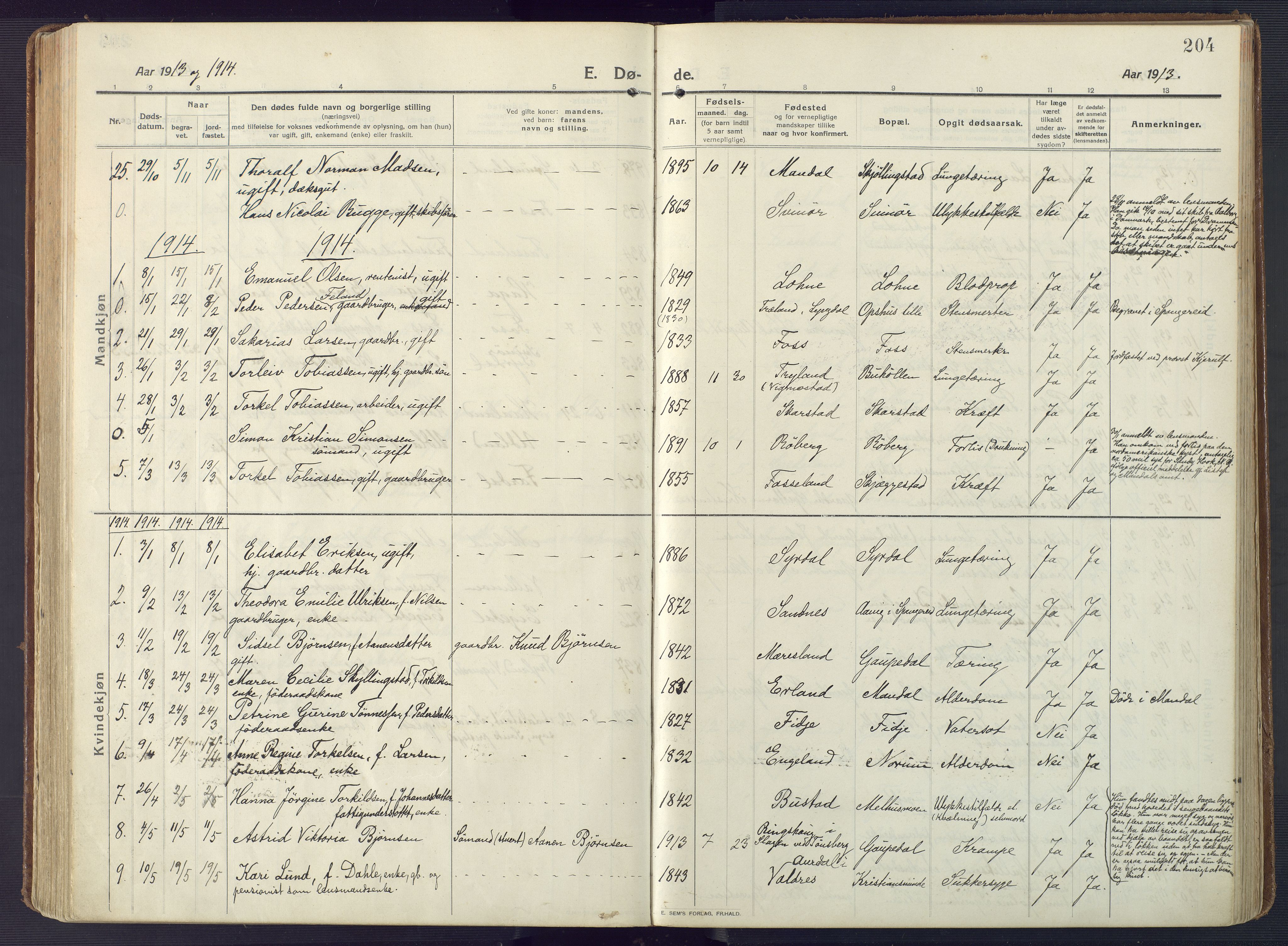 Sør-Audnedal sokneprestkontor, AV/SAK-1111-0039/F/Fa/Fab/L0011: Parish register (official) no. A 11, 1912-1938, p. 204